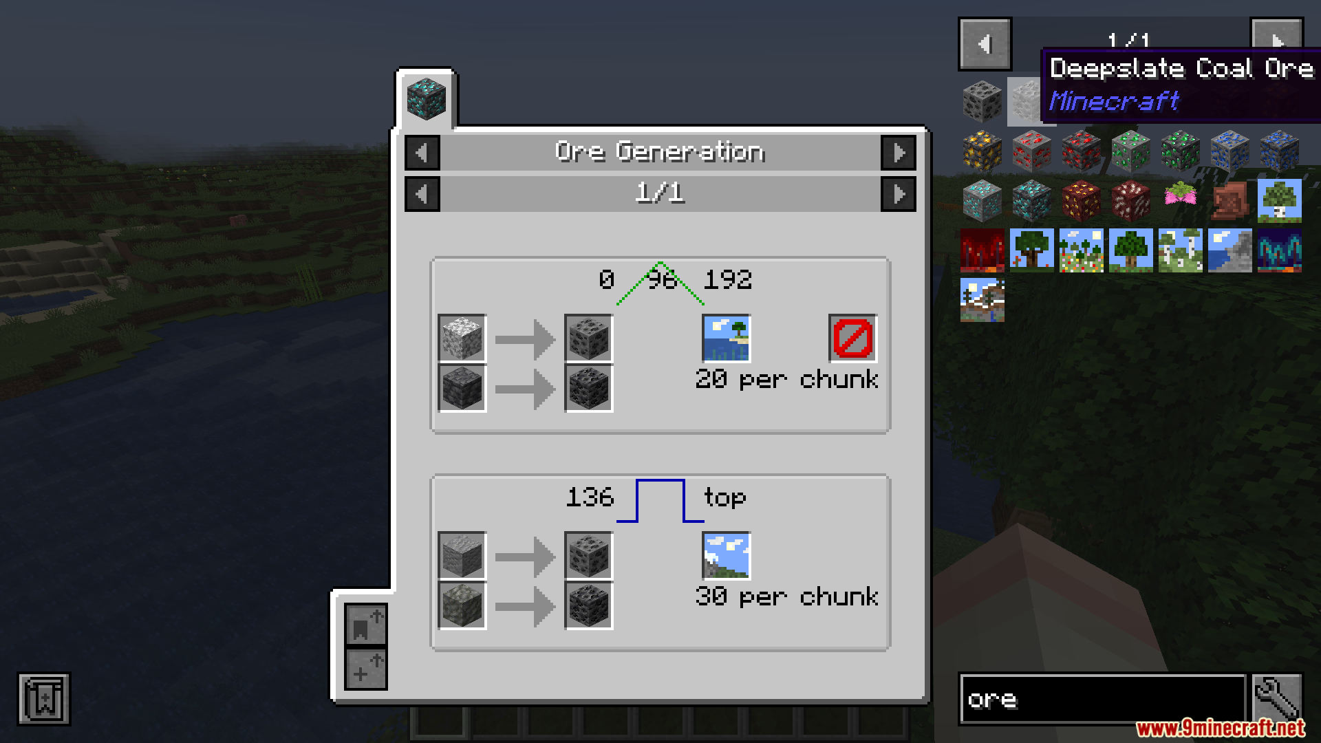JEI Ores Mod Screenshot 6 Menu displaying deepslate coal ore spawning levels and vein frequency per chunk