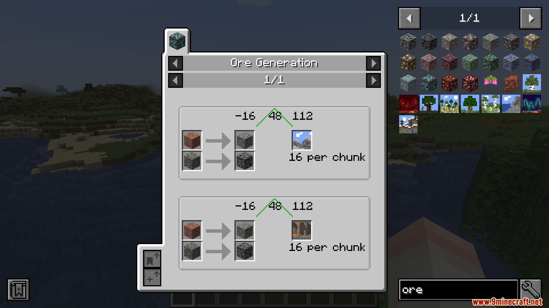 JEI Ores Mod Screenshot 8 JEI interface showing ore generation details for Iron Ore