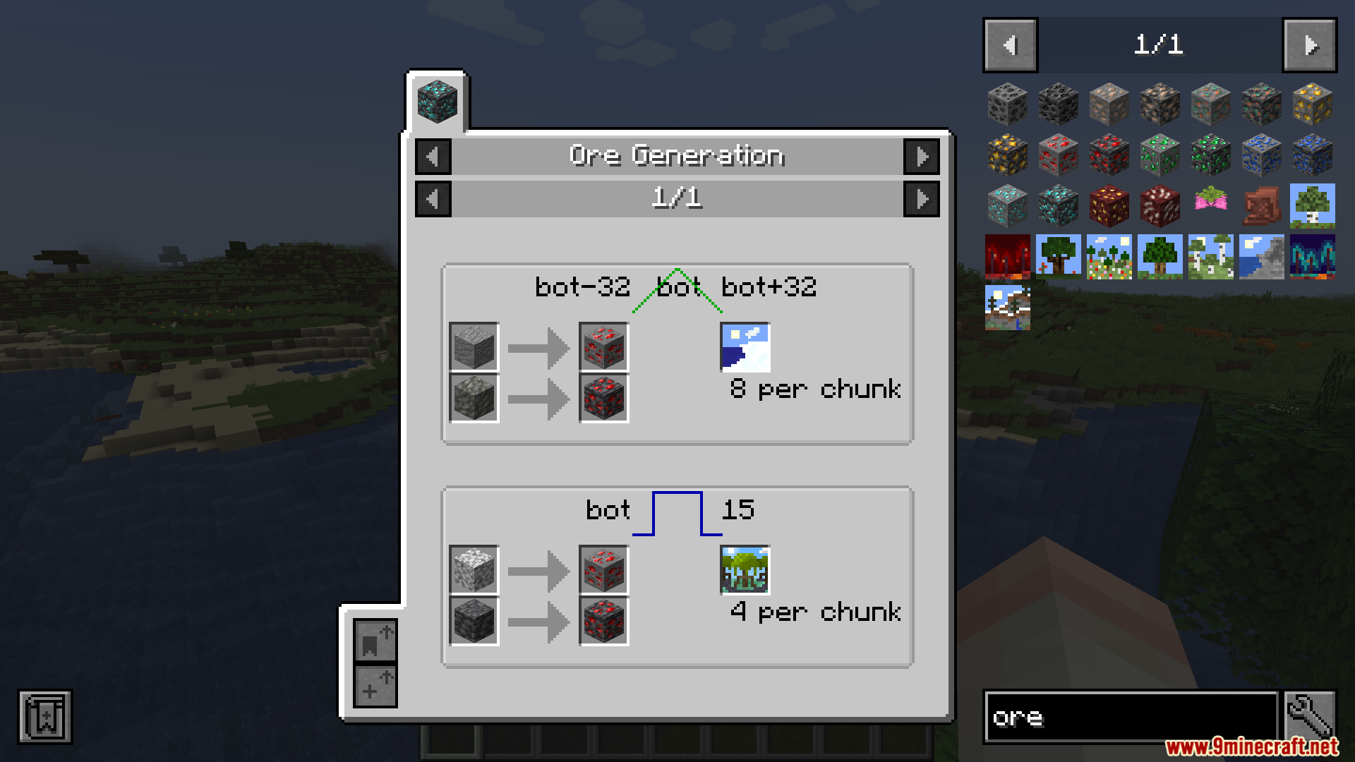 JEI Ores Mod Screenshot 9 Viewing redstone ore generation heights and spawn rates per chunk