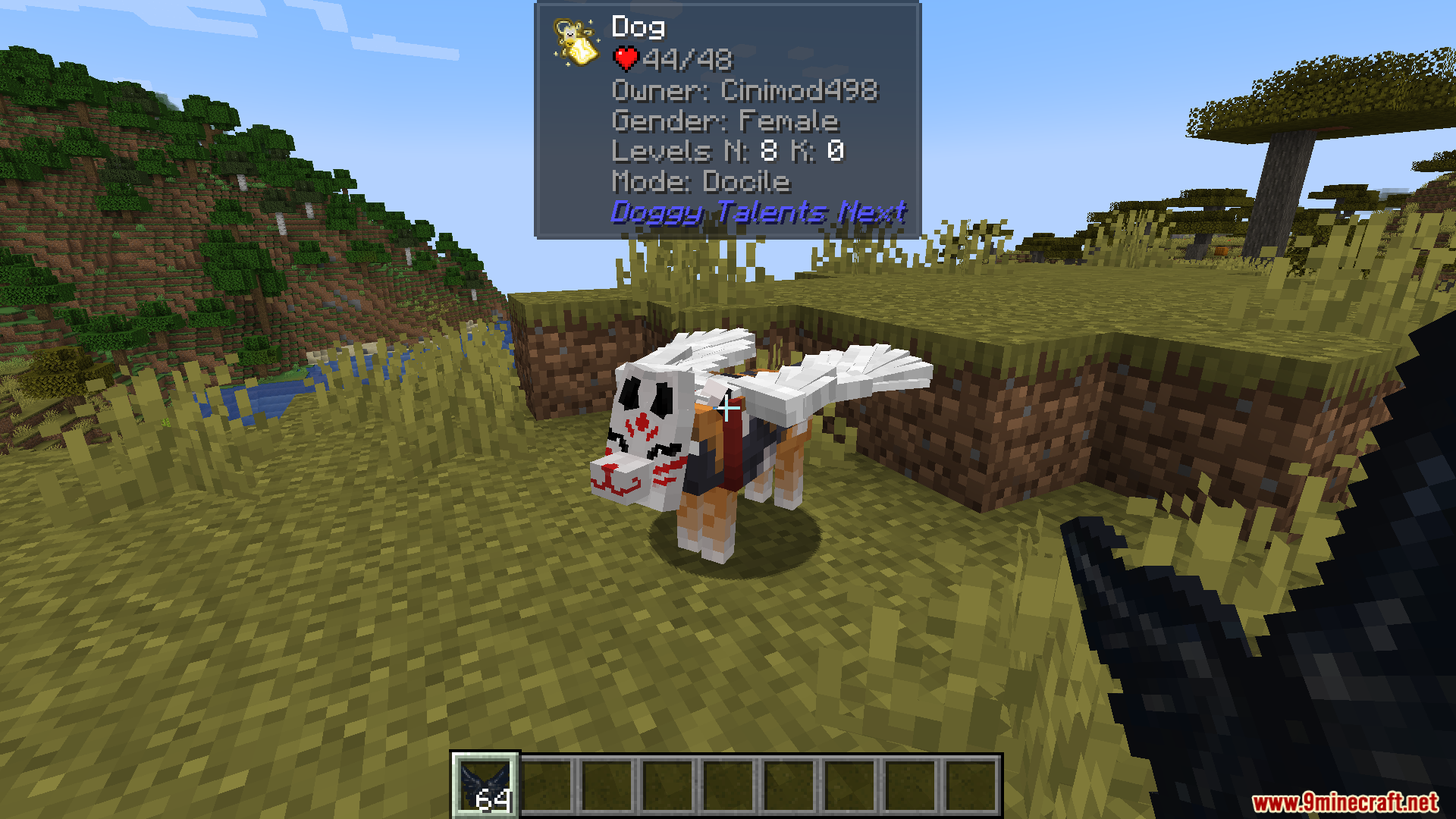 Tamed dog with wings and mask showing detailed stats in a tooltip