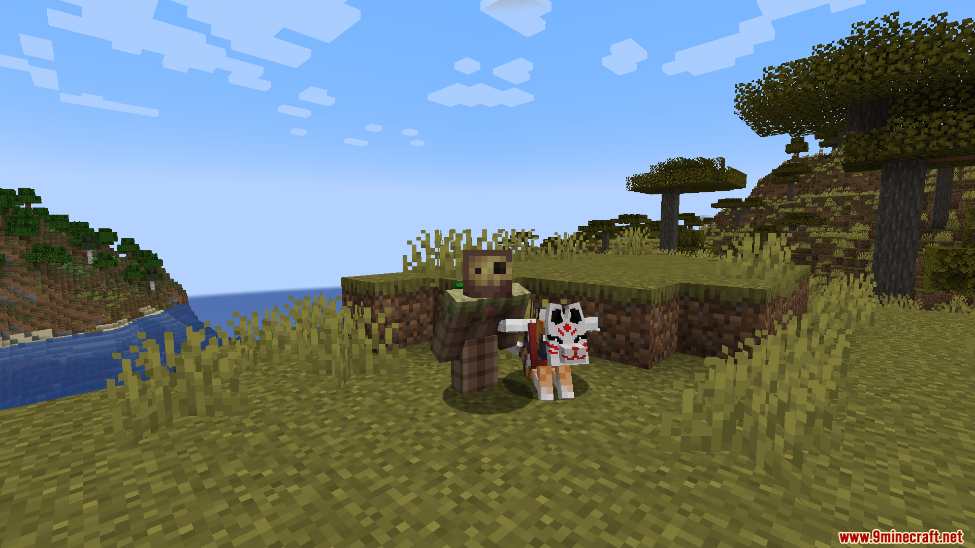 Player standing next to a custom winged dog in a savanna biome