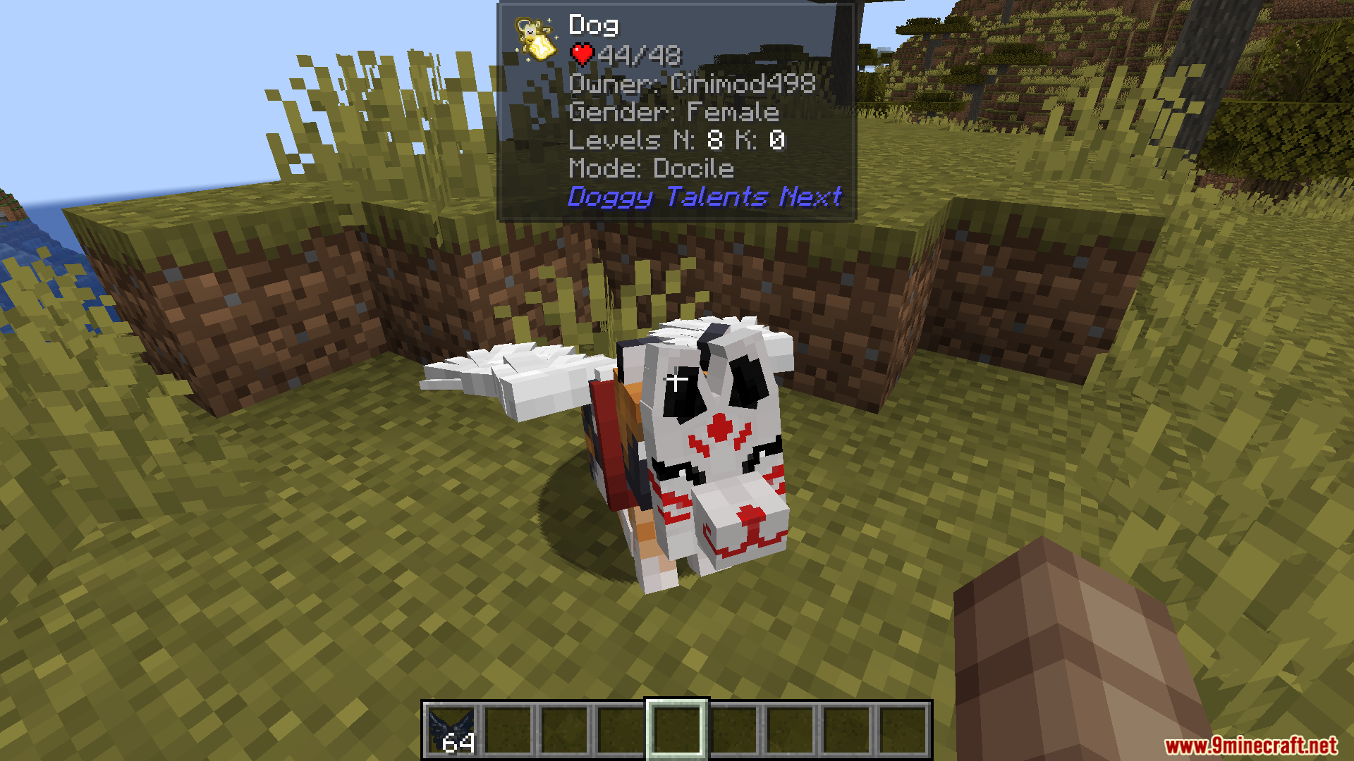 Tooltip displaying detailed stats for a custom winged dog from Doggy Talents Next