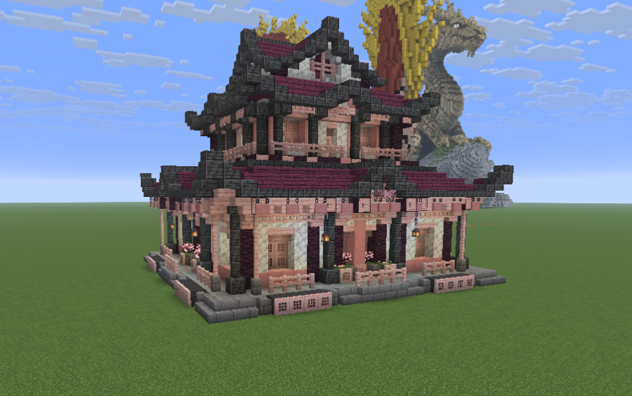 Japanese House Schematic Screenshots 1 A traditional Japanese house build in Minecraft with a dragon statue behind it