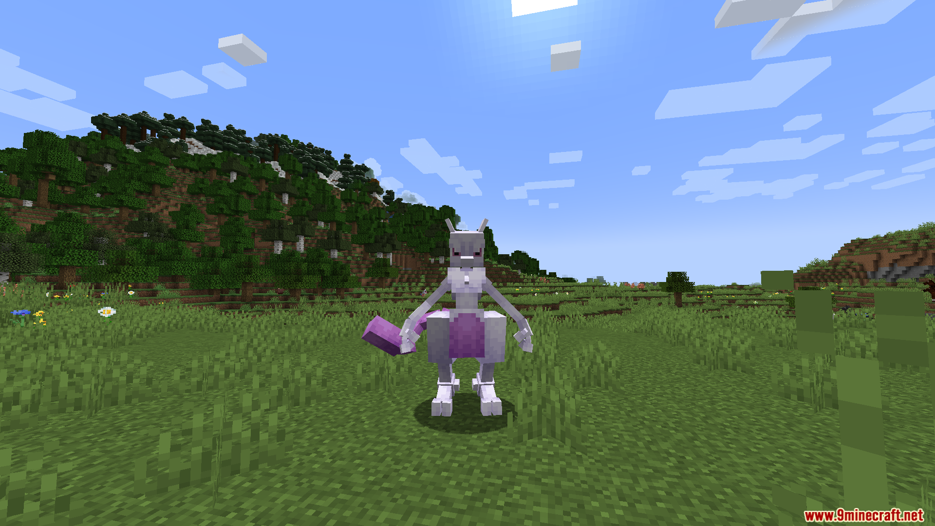The legendary Pokémon Mewtwo standing in a grassy plains biome