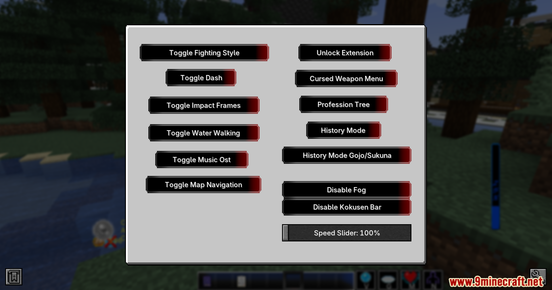 In-game settings menu with various toggleable abilities and options