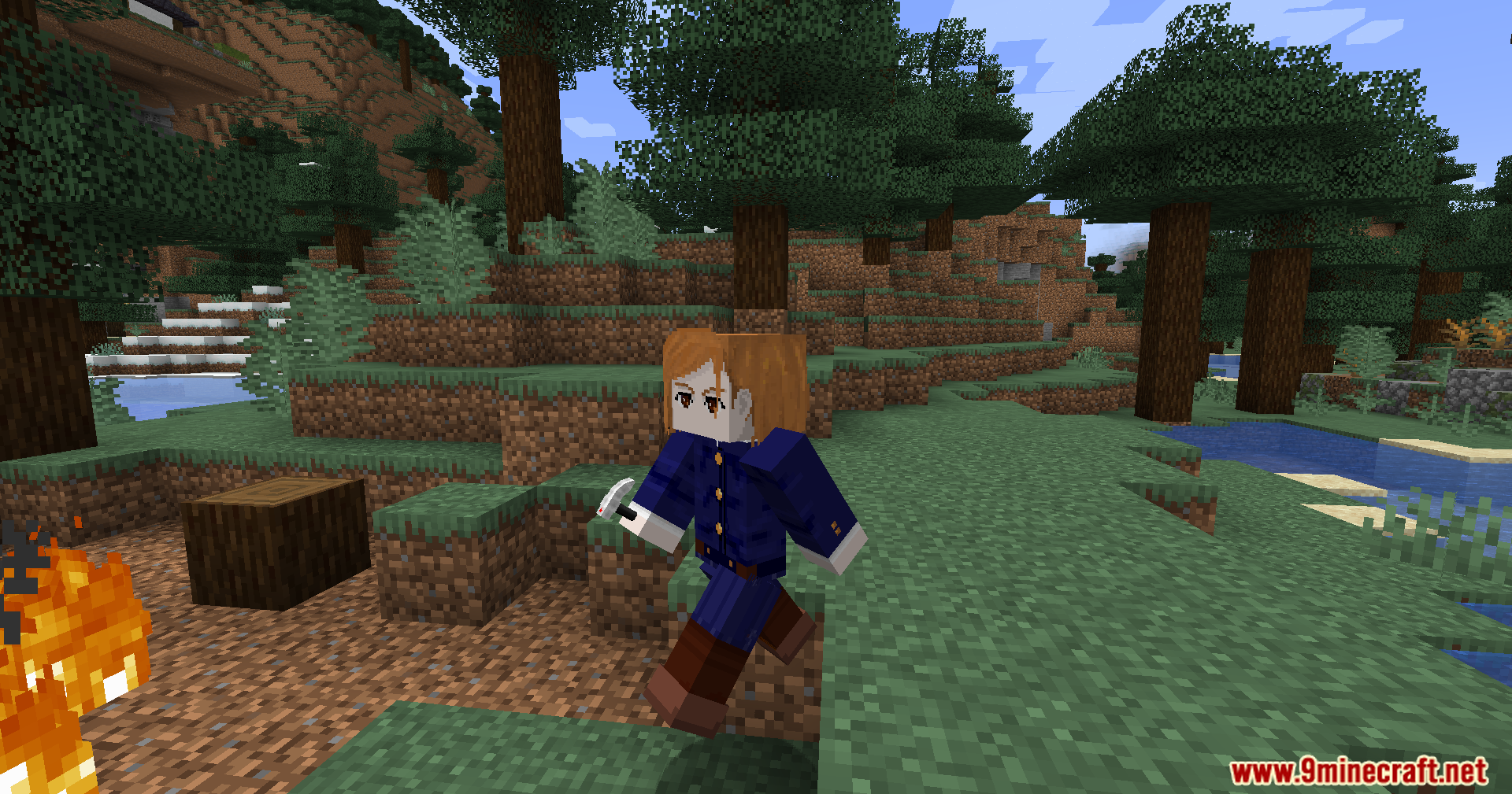 Nobara Kugisaki character running through a Minecraft forest biome