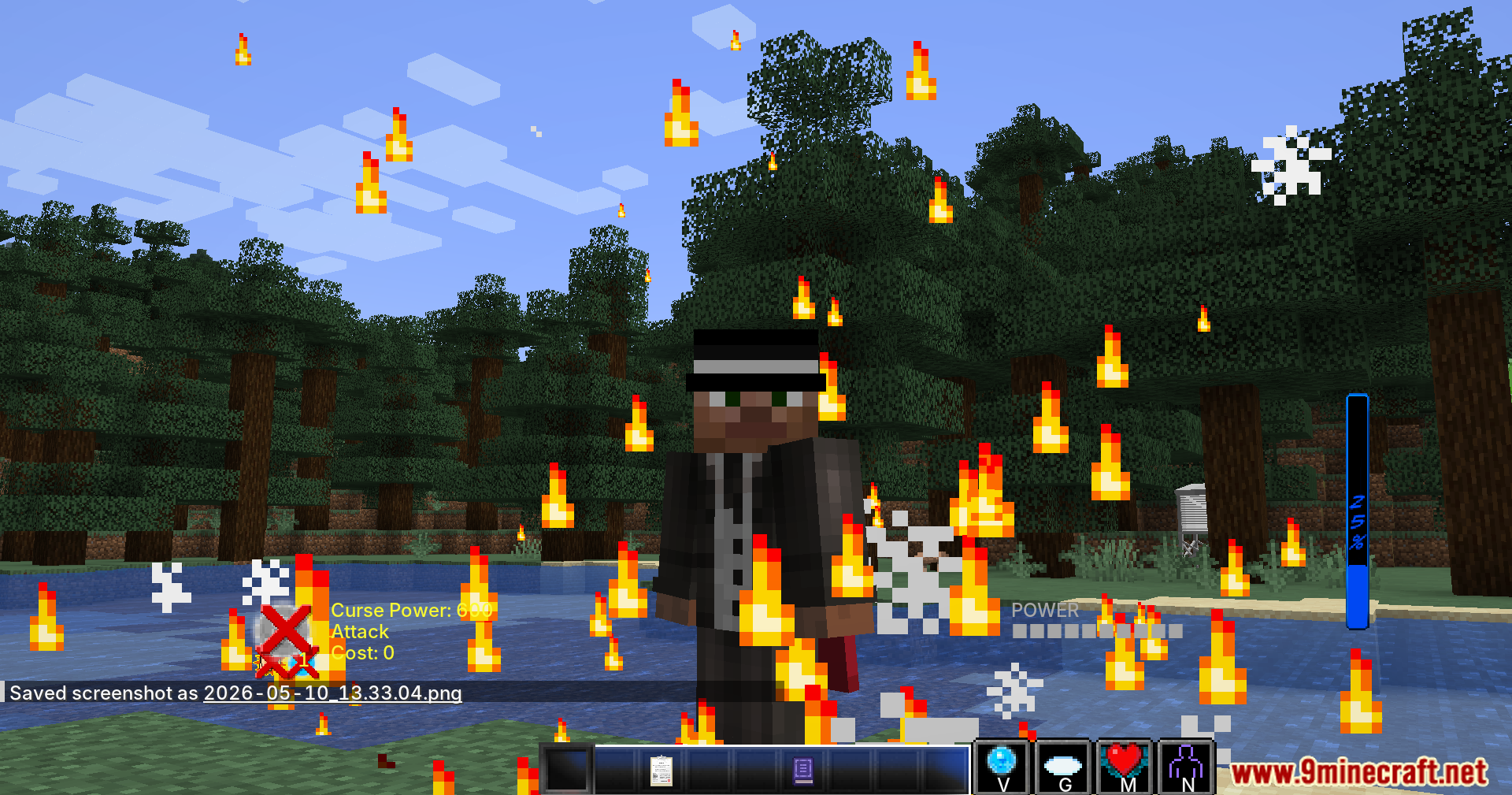 Player character using a fiery cursed technique by the river
