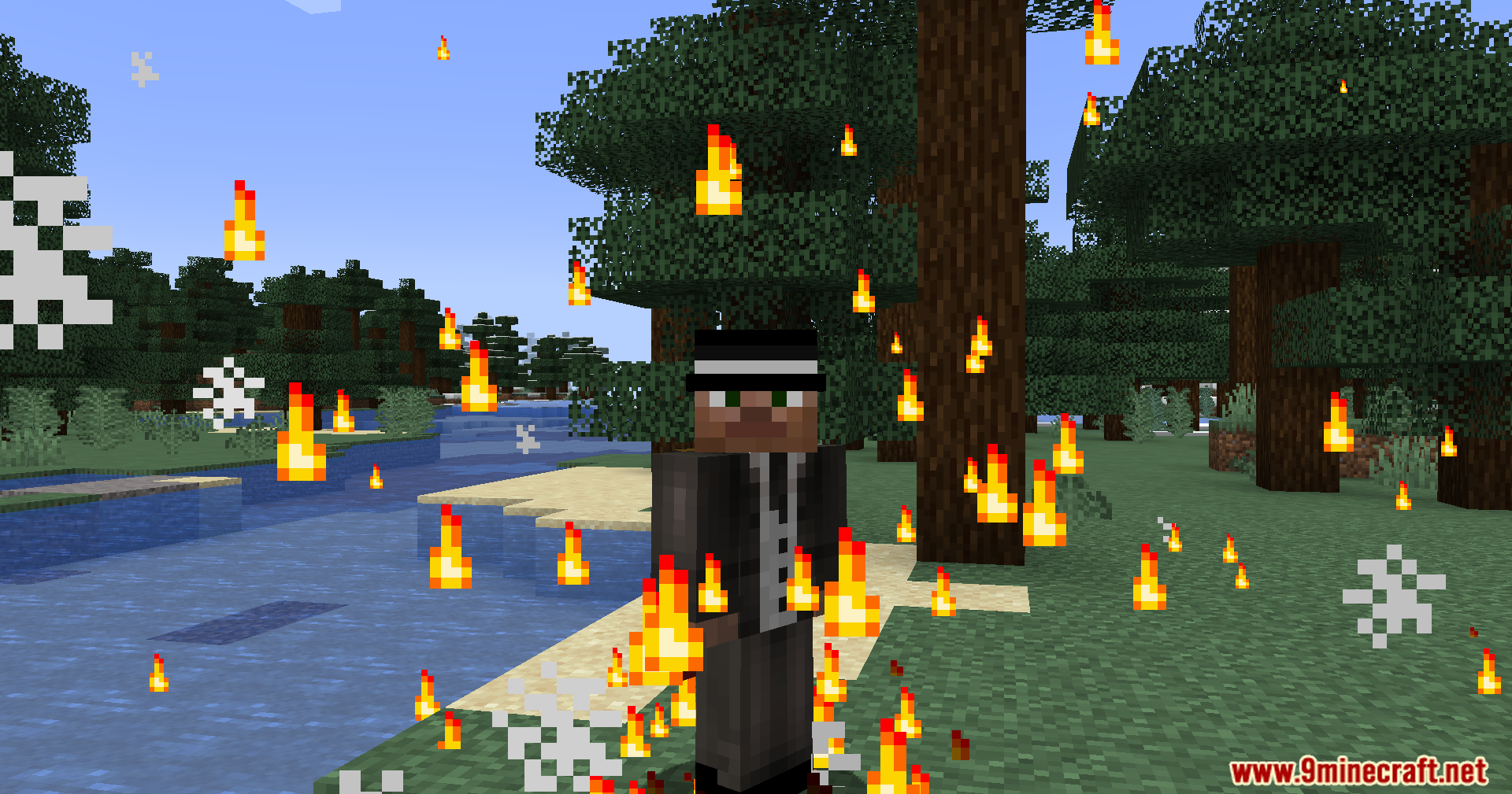 Character surrounded by floating fire and white particle effects