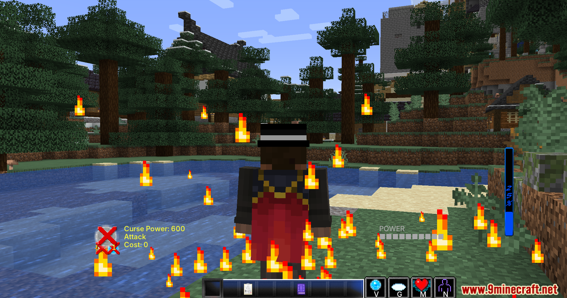 Player character surrounded by cursed energy flames in water