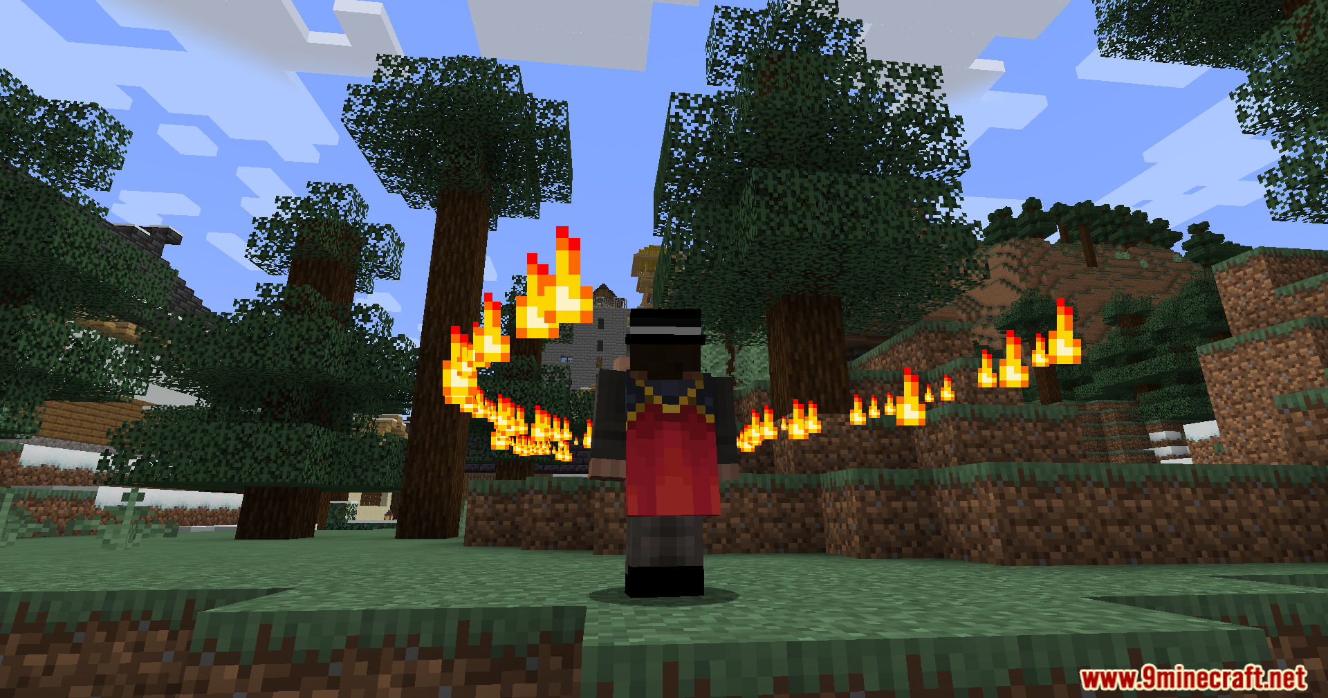 A character unleashes a swirling arc of fire power