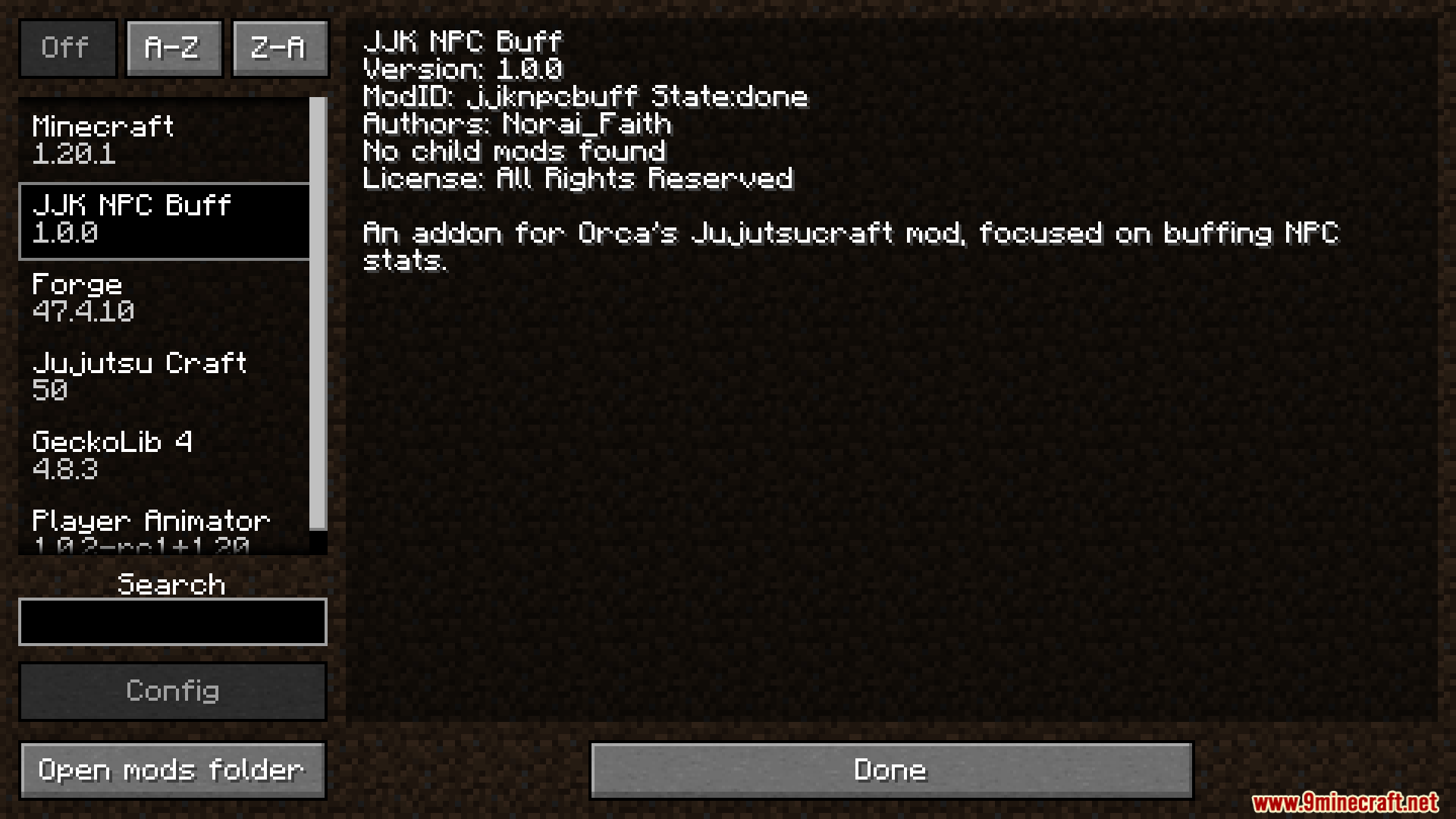 JJK NPC Buff mod information in the mods menu