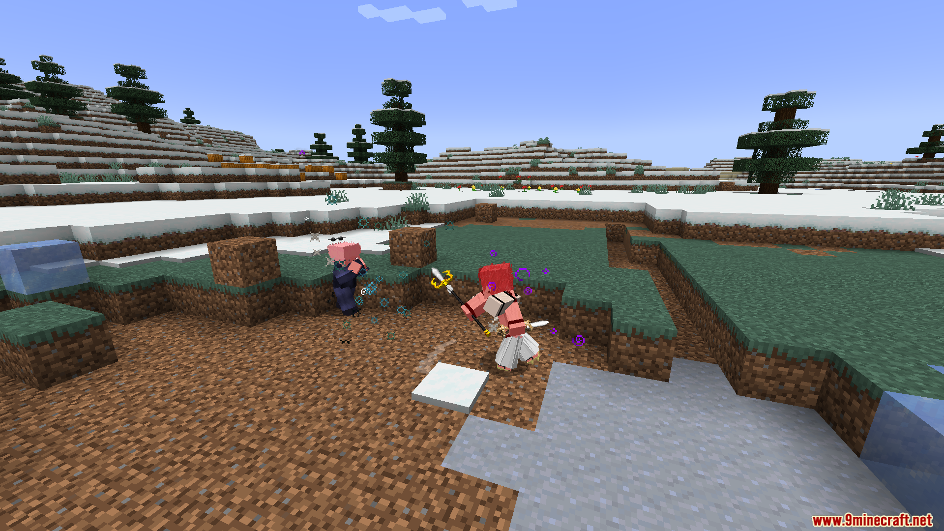 Two anime-style characters preparing to fight in snow