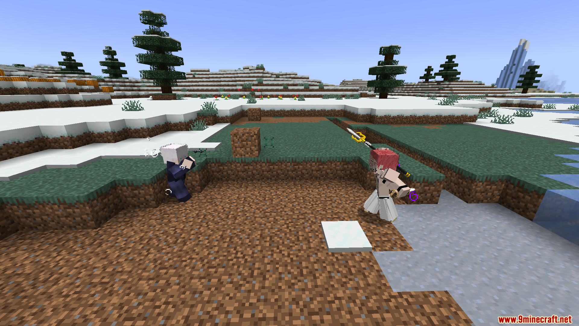 A player with a sword faces a white-haired enemy