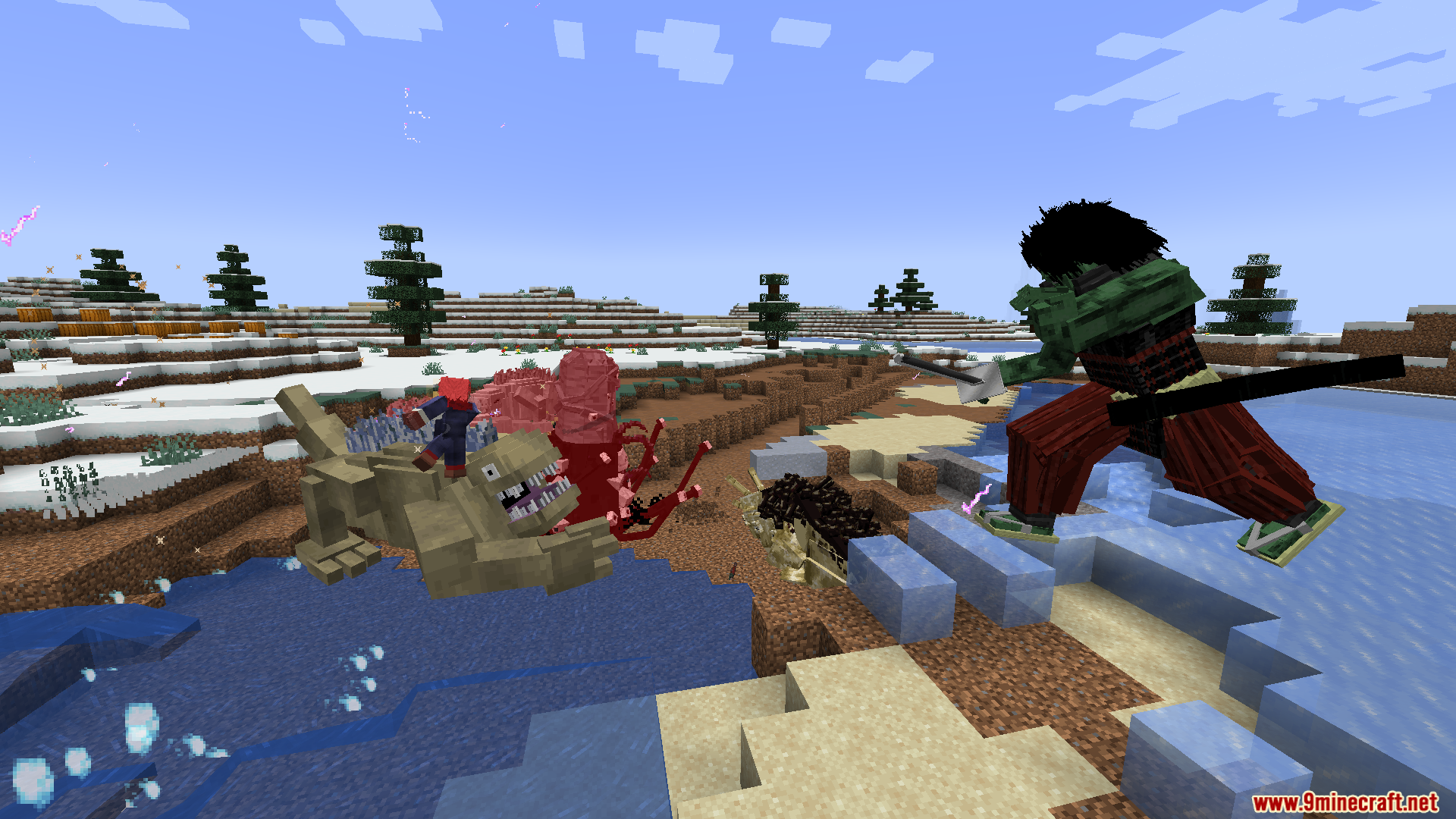 Samurai warrior confronts cursed spirits in a snowy biome