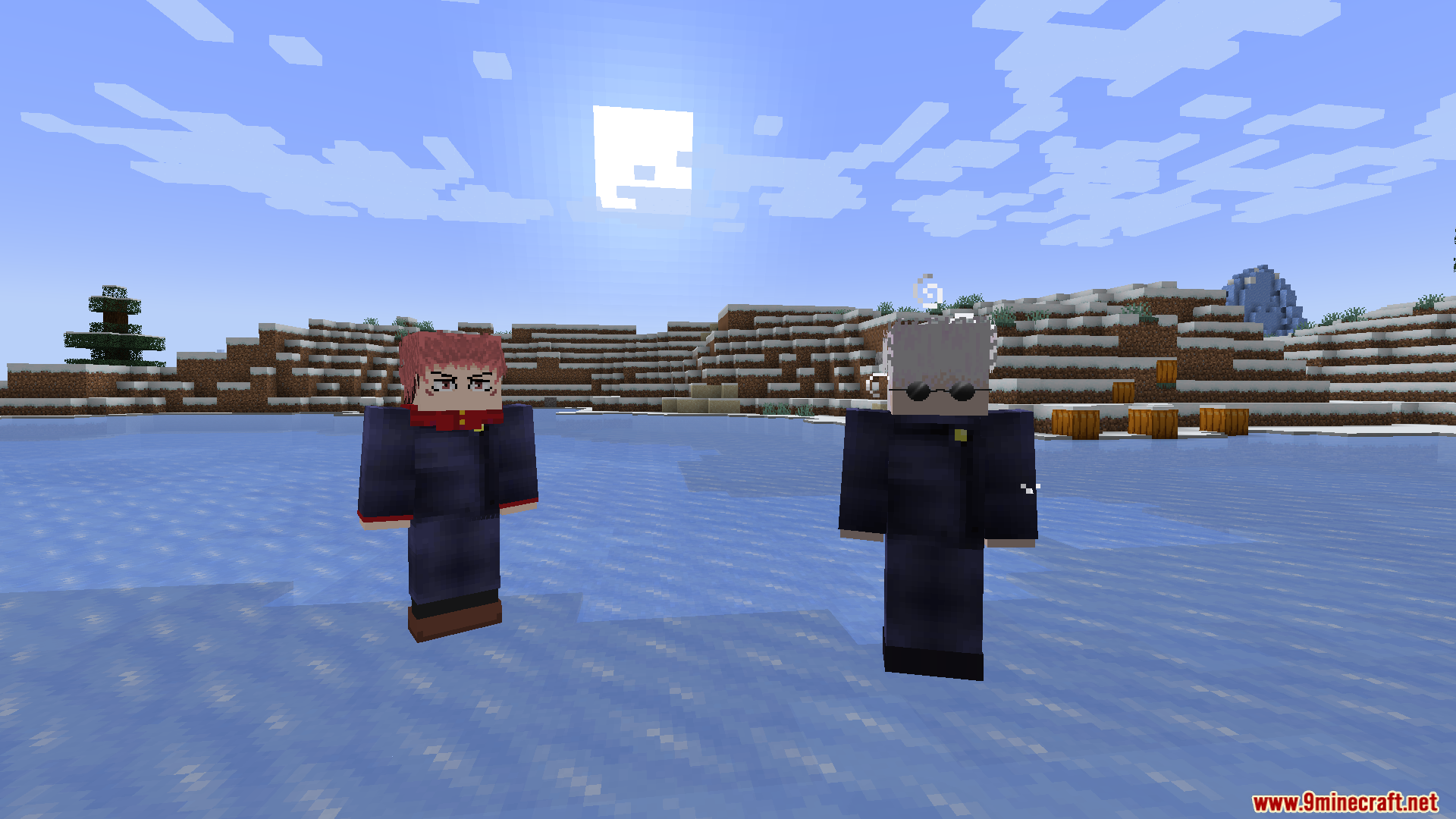 Yuji Itadori and Satoru Gojo in a snowy biome