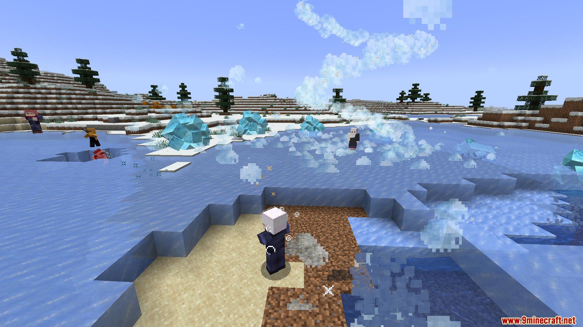 A sorcerer casts a large ice spell over water