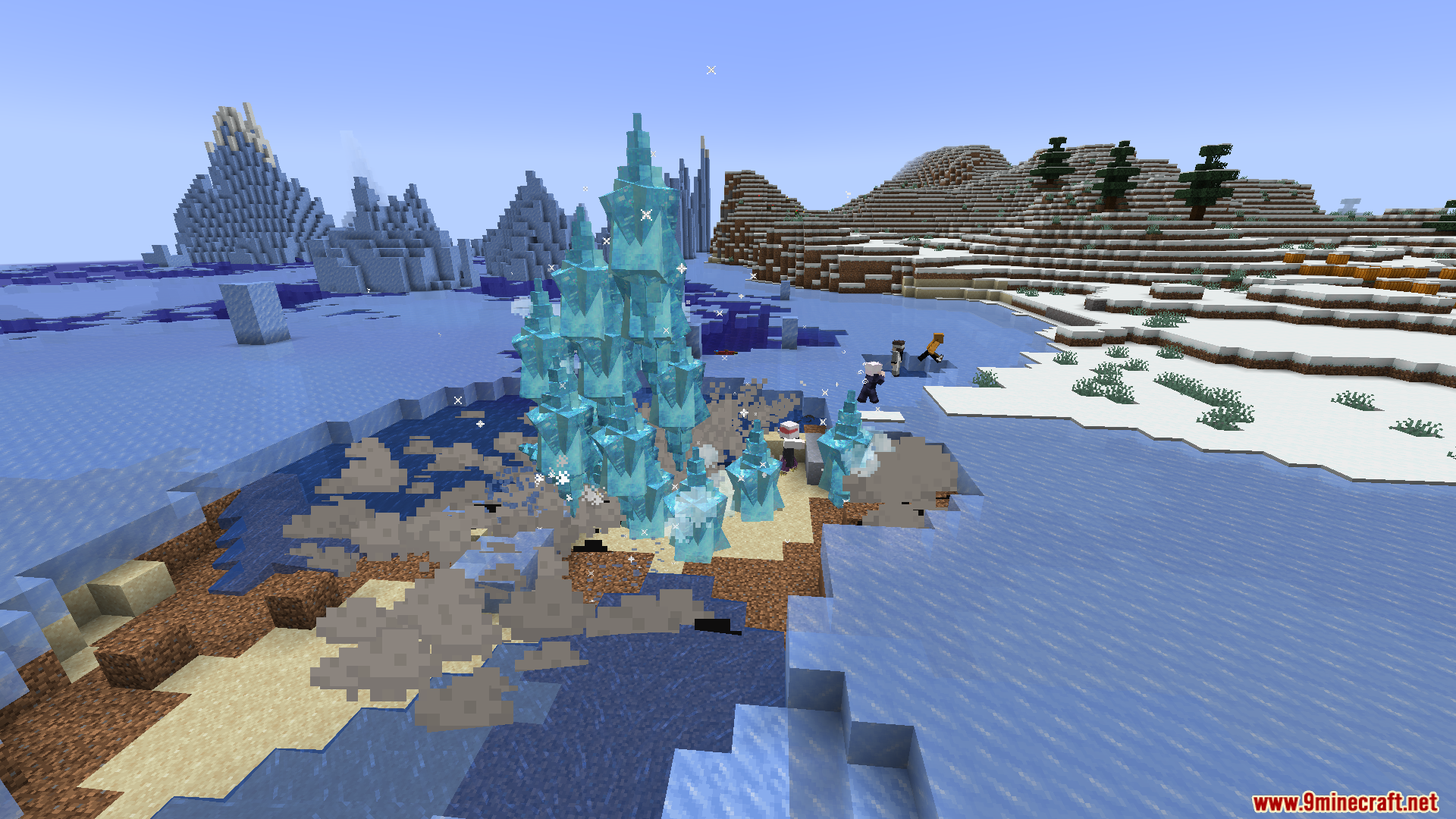 A massive ice crystal structure forms on the shore