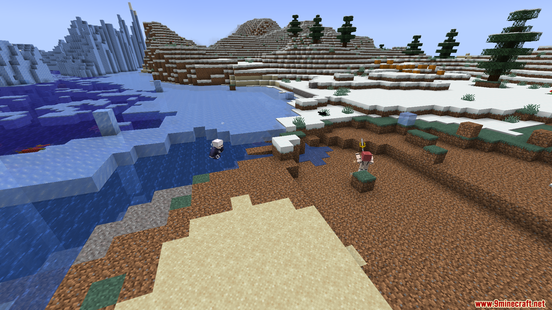 A player faces a curse mob by a frozen ocean