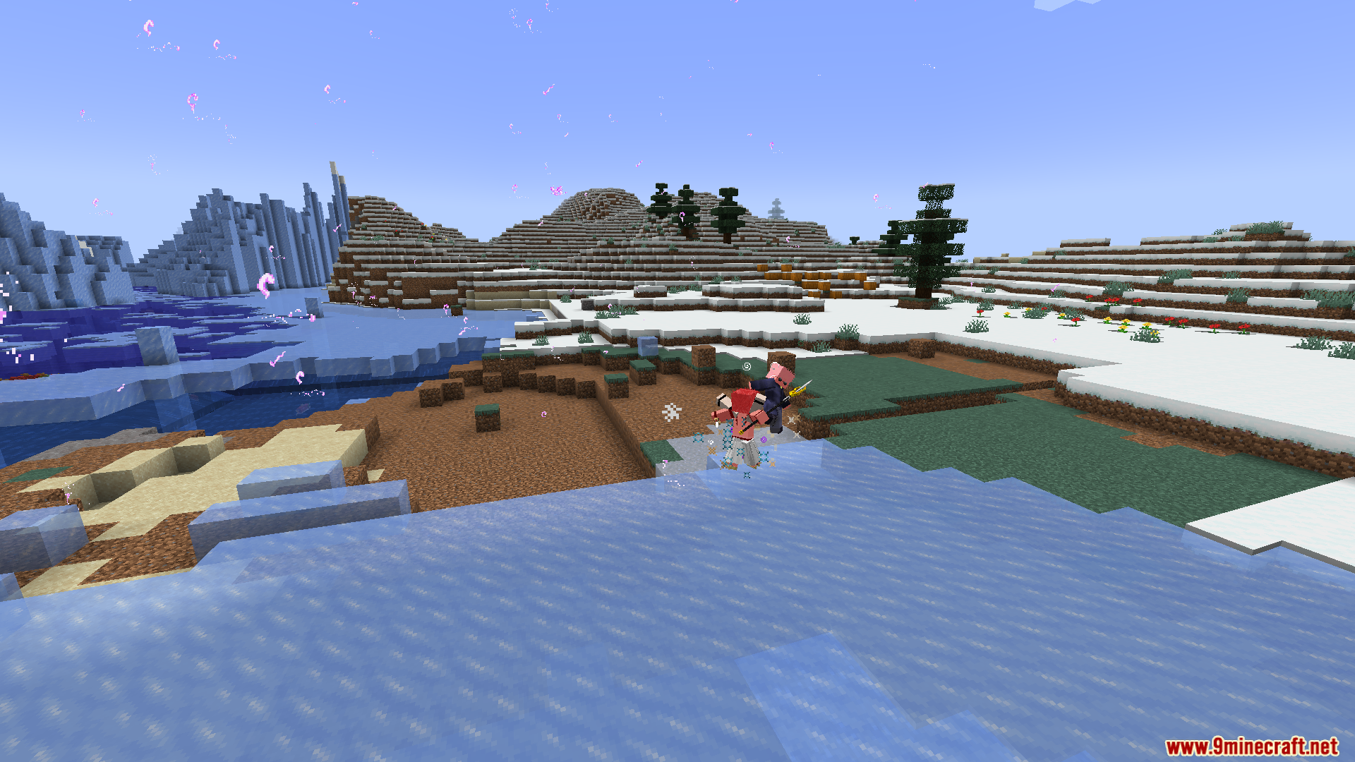 The player character levitates over the frozen water