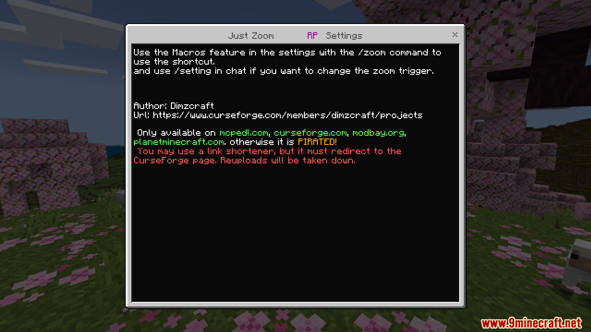 Just Zoom Addon Screenshot 1 Settings menu for Just Zoom addon showing author and usage instructions