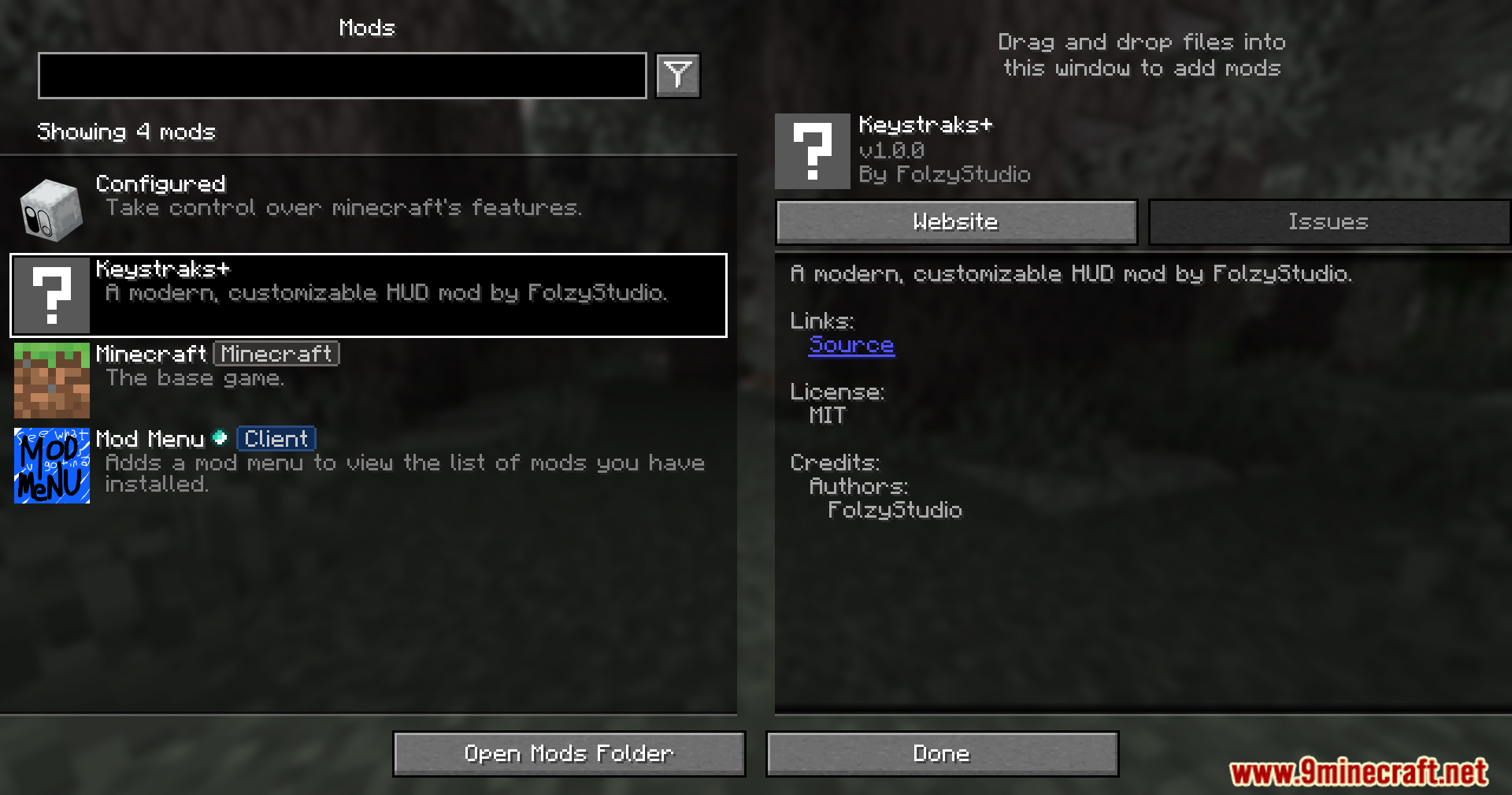 Minecraft mods menu showing the installed Keystrokes Plus mod