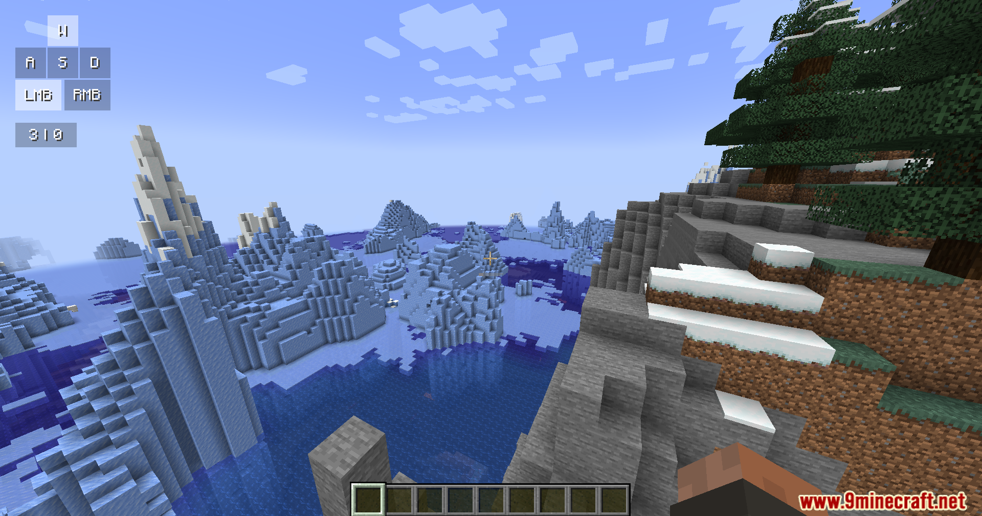 Player looking at icebergs from a snowy cliff edge