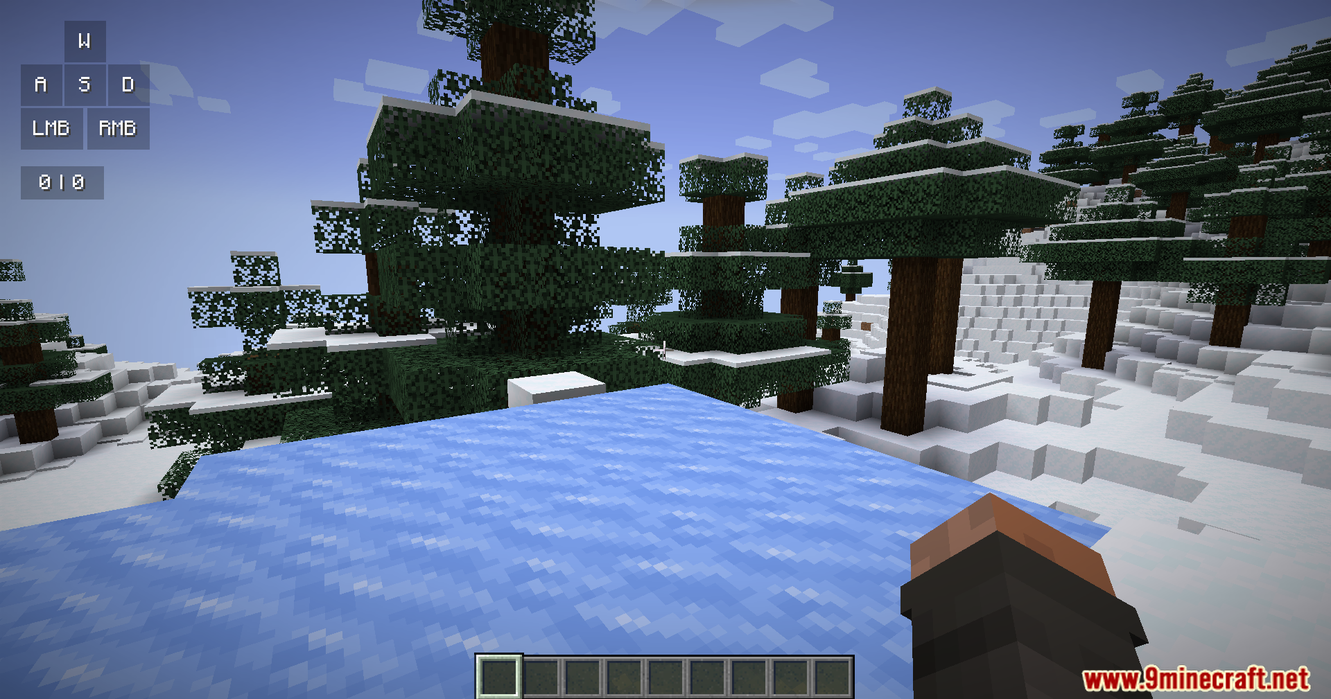 Snowy biome view with on screen keyboard and mouse tracker