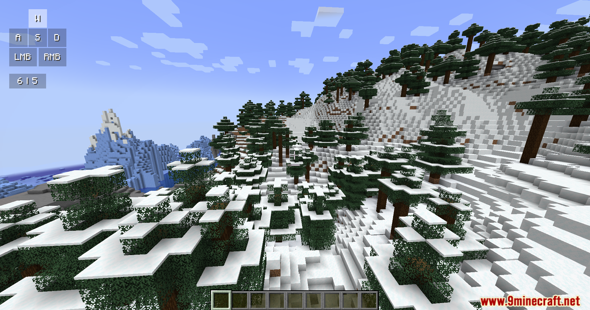 Keystrokes overlay displayed in the top left corner of a snowy biome