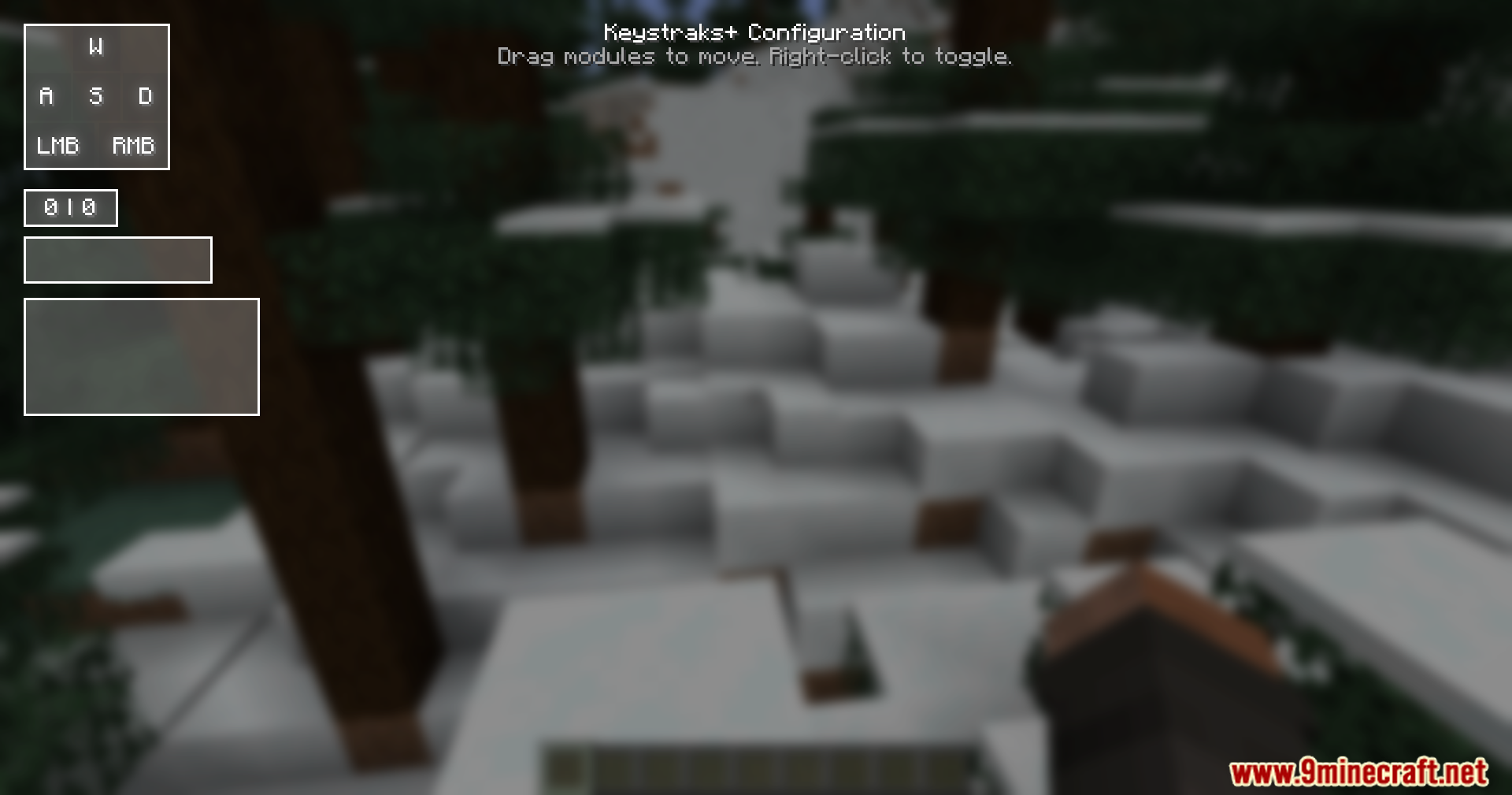 A blurred Minecraft screen showing the Keystrokes Plus configuration menu