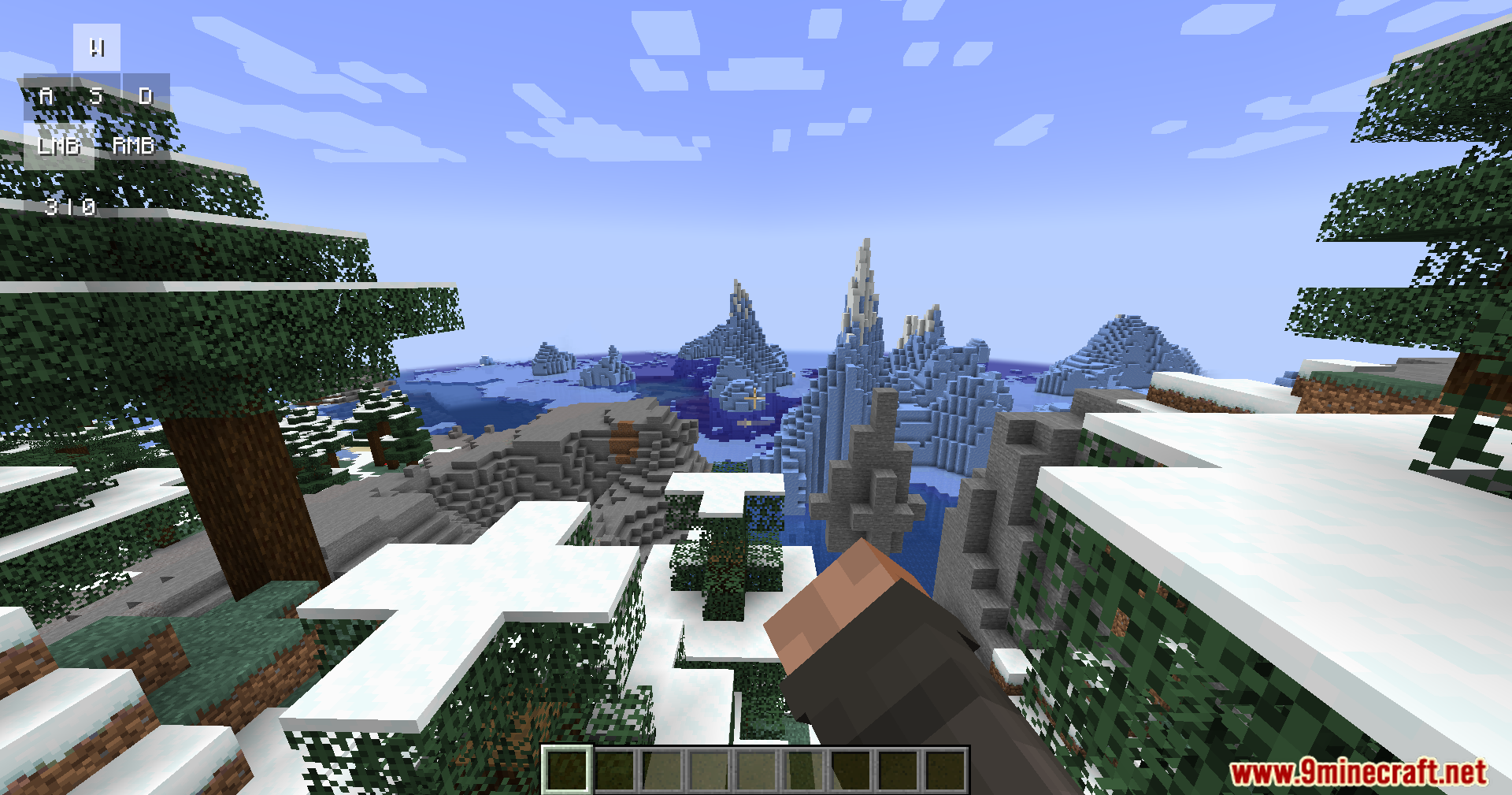 Player viewing a snowy landscape with icebergs and trees