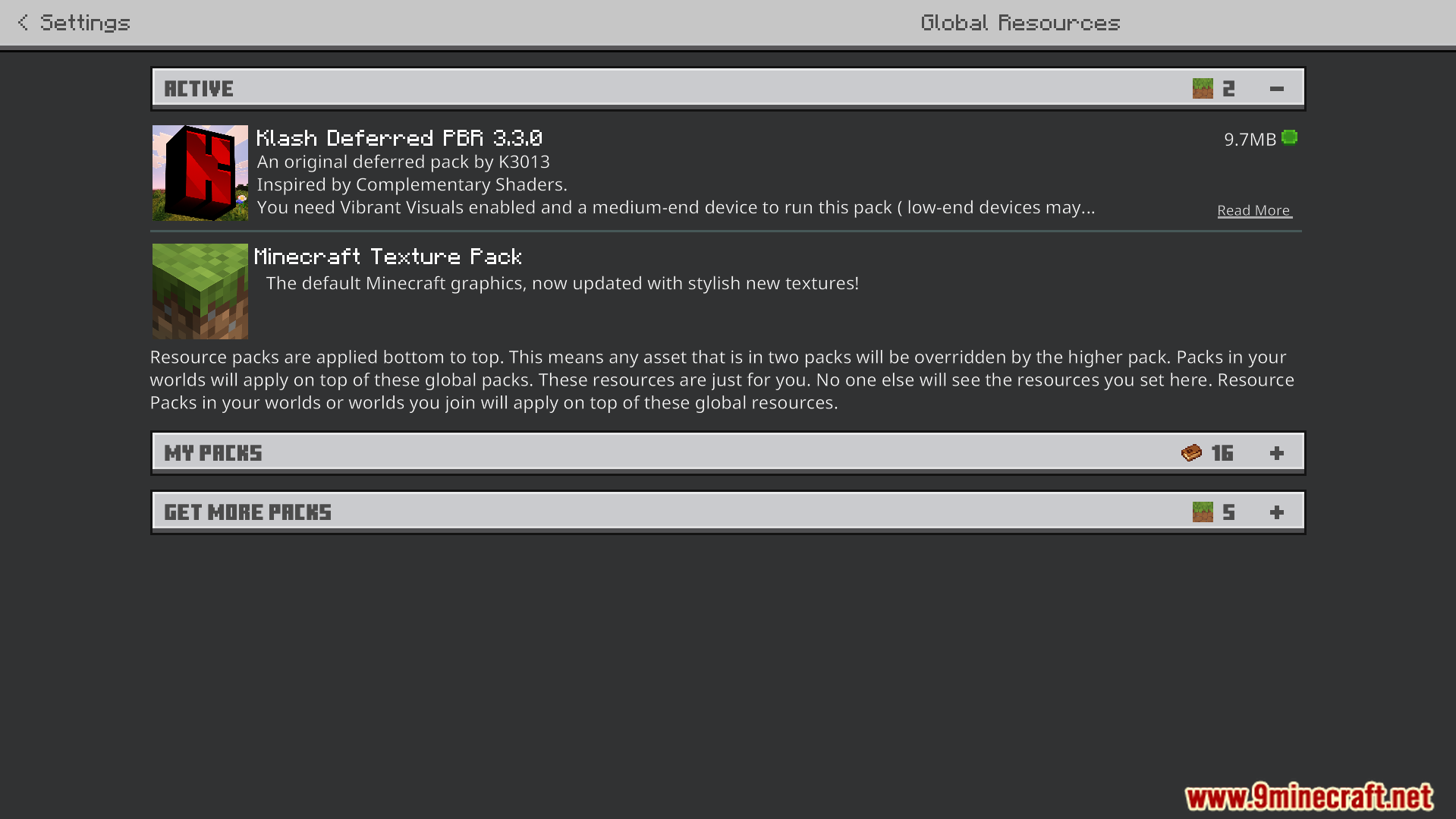 Klash Visuals Deferred PBR Texture Pack Screenshot 1 global resources menu showing the active klash deferred pbr texture pack