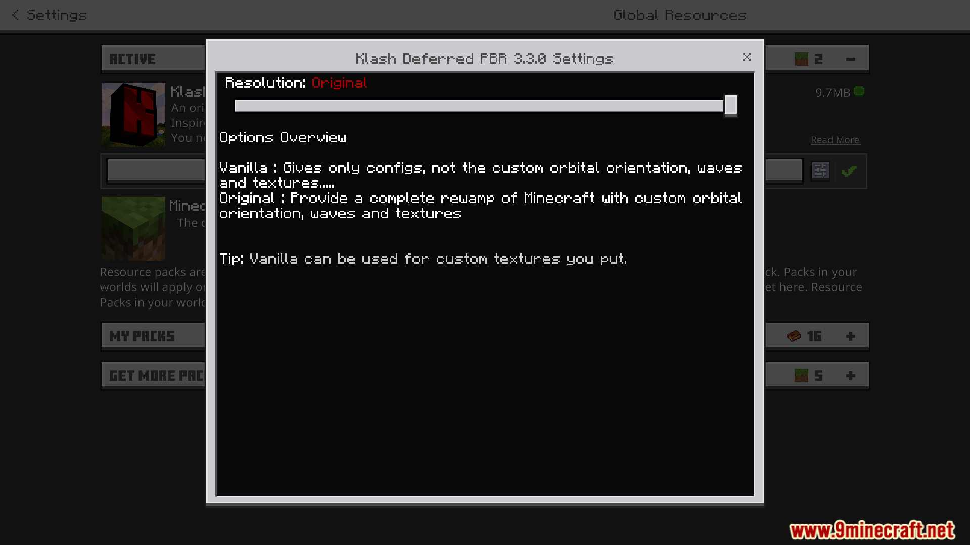 Klash Visuals Deferred PBR Texture Pack Screenshot 2 settings popup window displaying resolution slider and options overview text