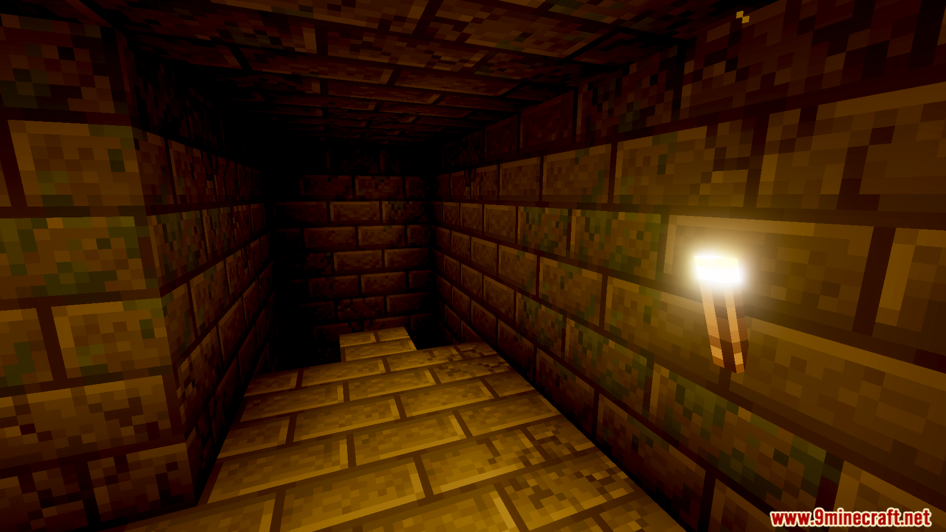 Klash Visuals Deferred PBR Texture Pack Screenshot 7 Dark stone brick corridor illuminated by a single torch on the wall
