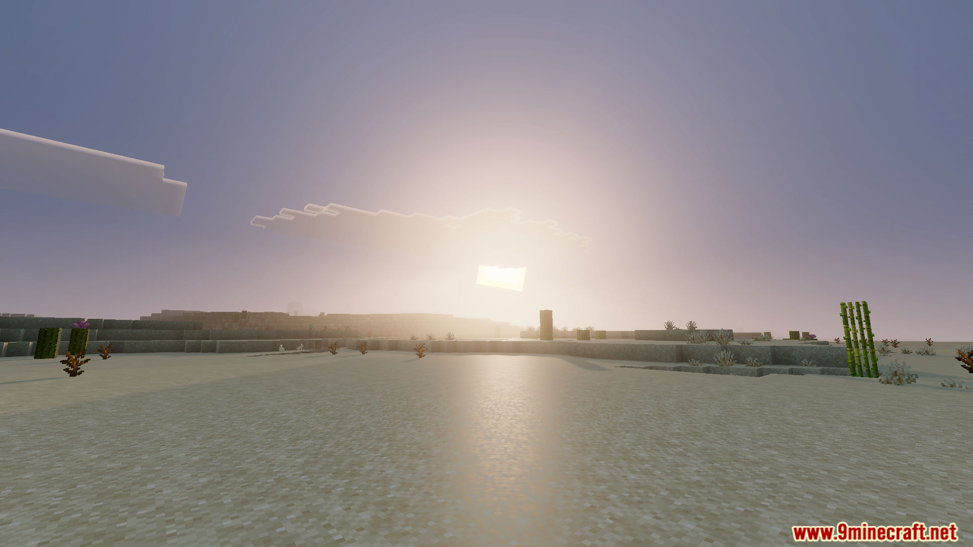 Klash Visuals Deferred PBR Texture Pack Screenshot 8 Bright sun setting over a sandy desert landscape with scattered vegetation