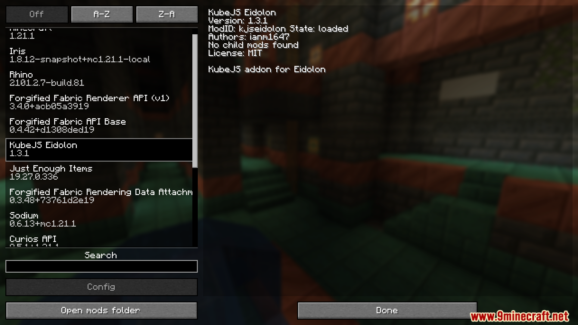 KubeJS Eidolon mod information screen in Minecraft