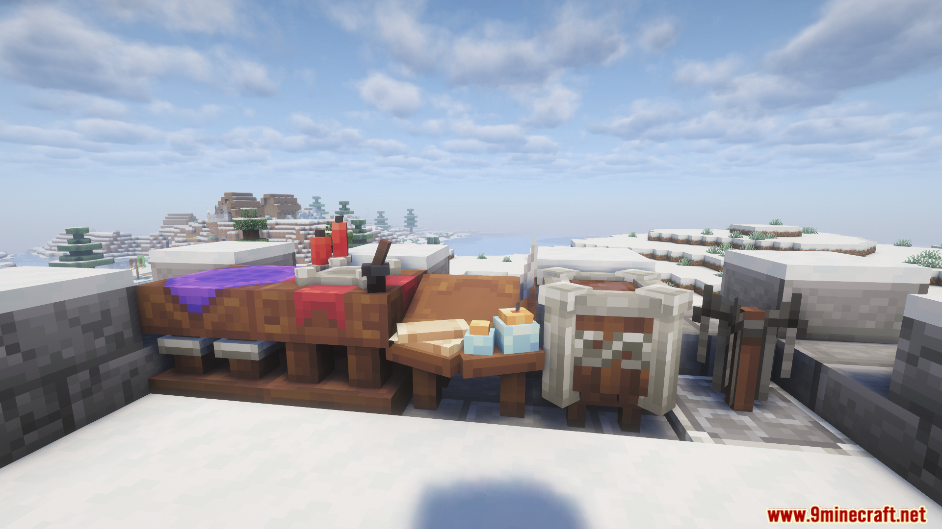 An outdoor magical workshop set up in the snow