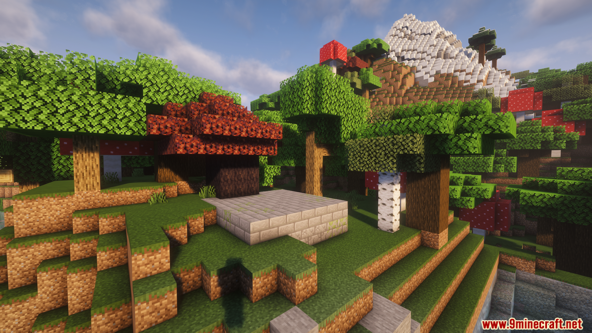 A colorful forest with a stone altar and snowy mountain