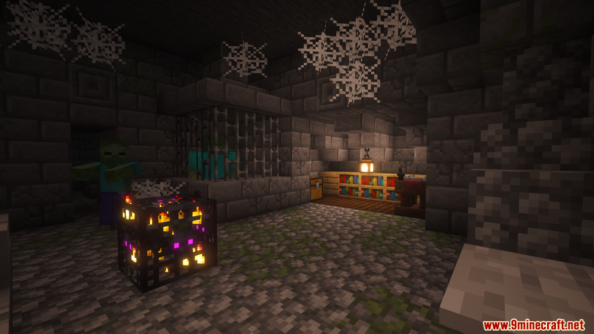 A dark dungeon with a mob spawner and caged zombies