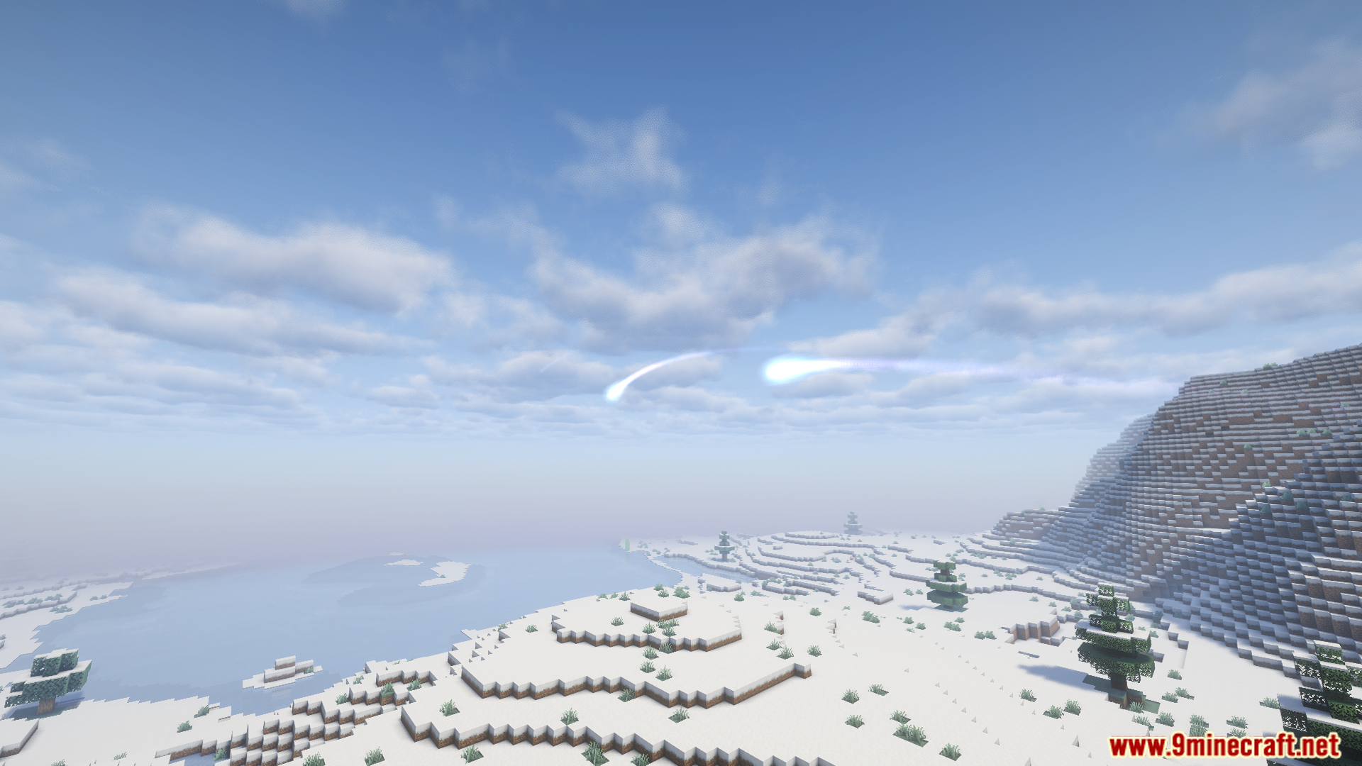 Magical projectiles streak across a vast snowy landscape