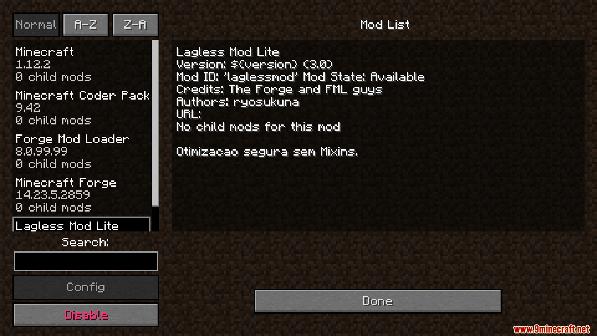 Lagless Mod Lite information in the mods list