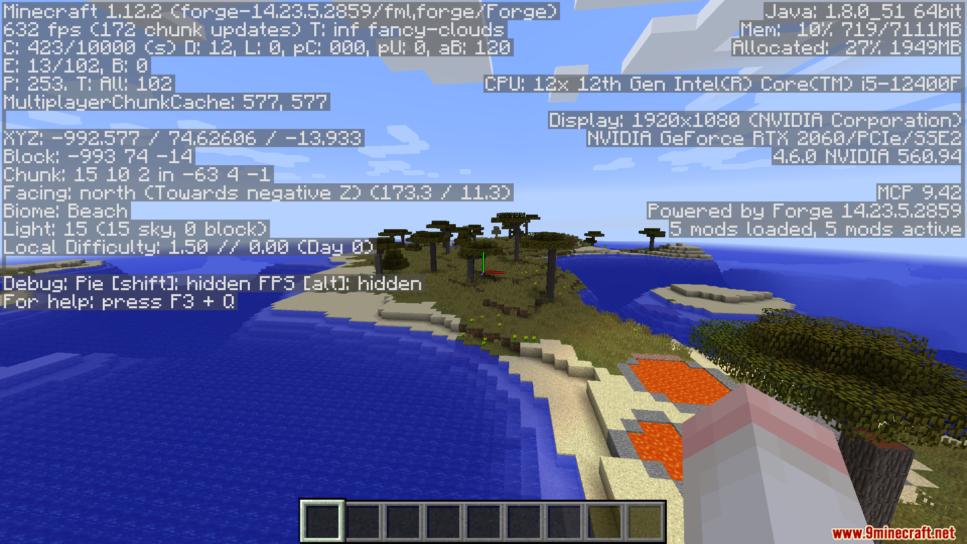 A beach biome with a small pool of lava