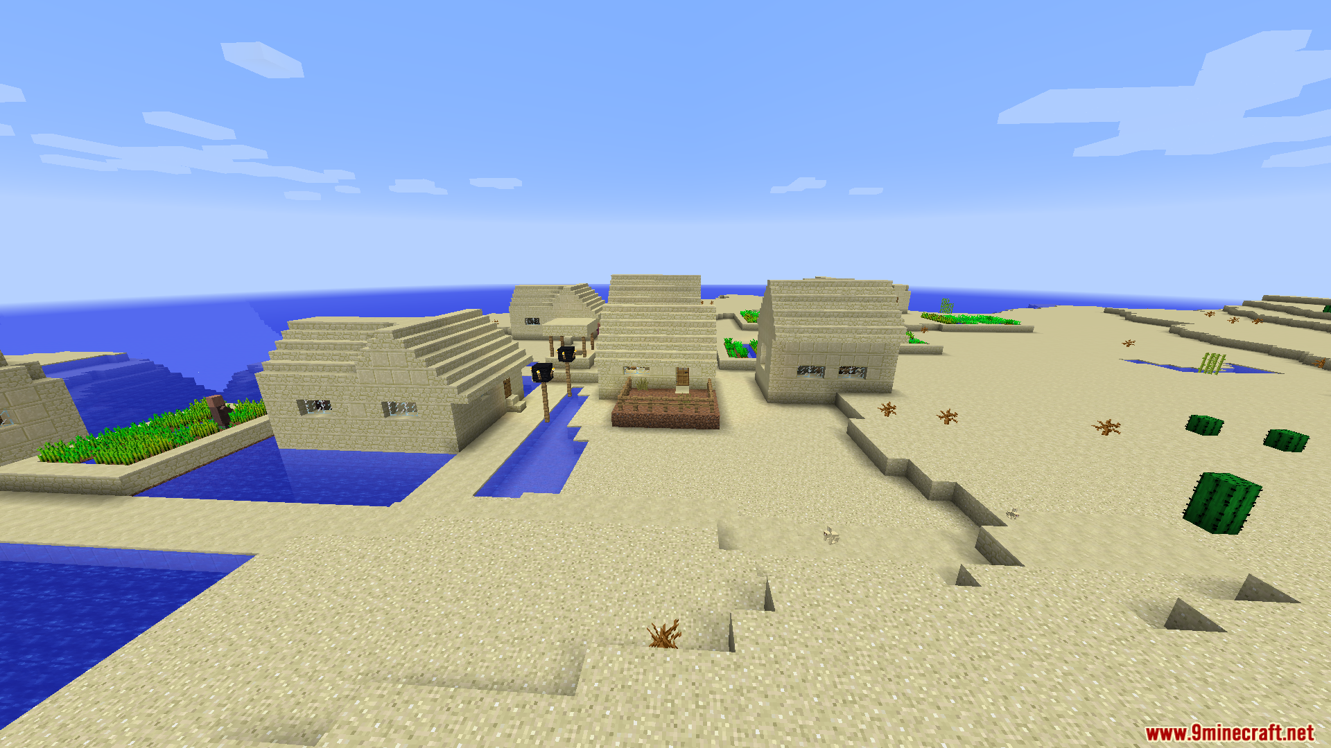 A desert village located on a sandy coastal beach