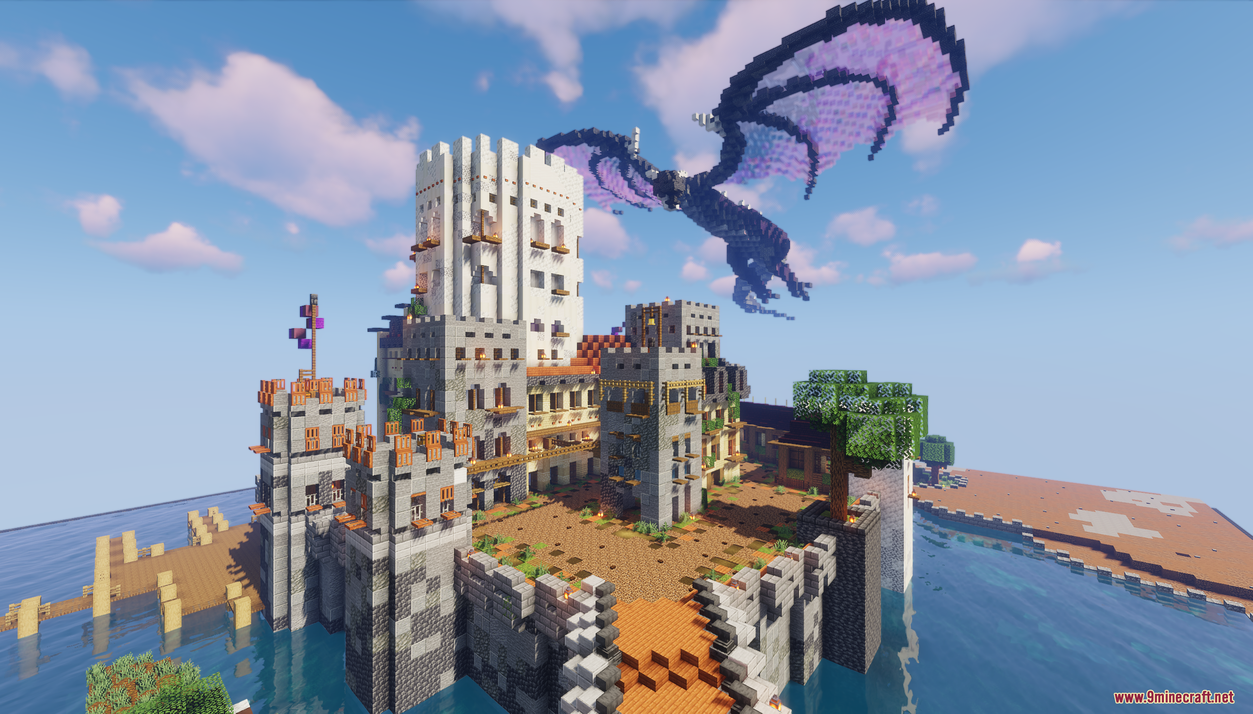 Lake Castle Map Screenshot 1 A large Minecraft castle with a dragon flying overhead
