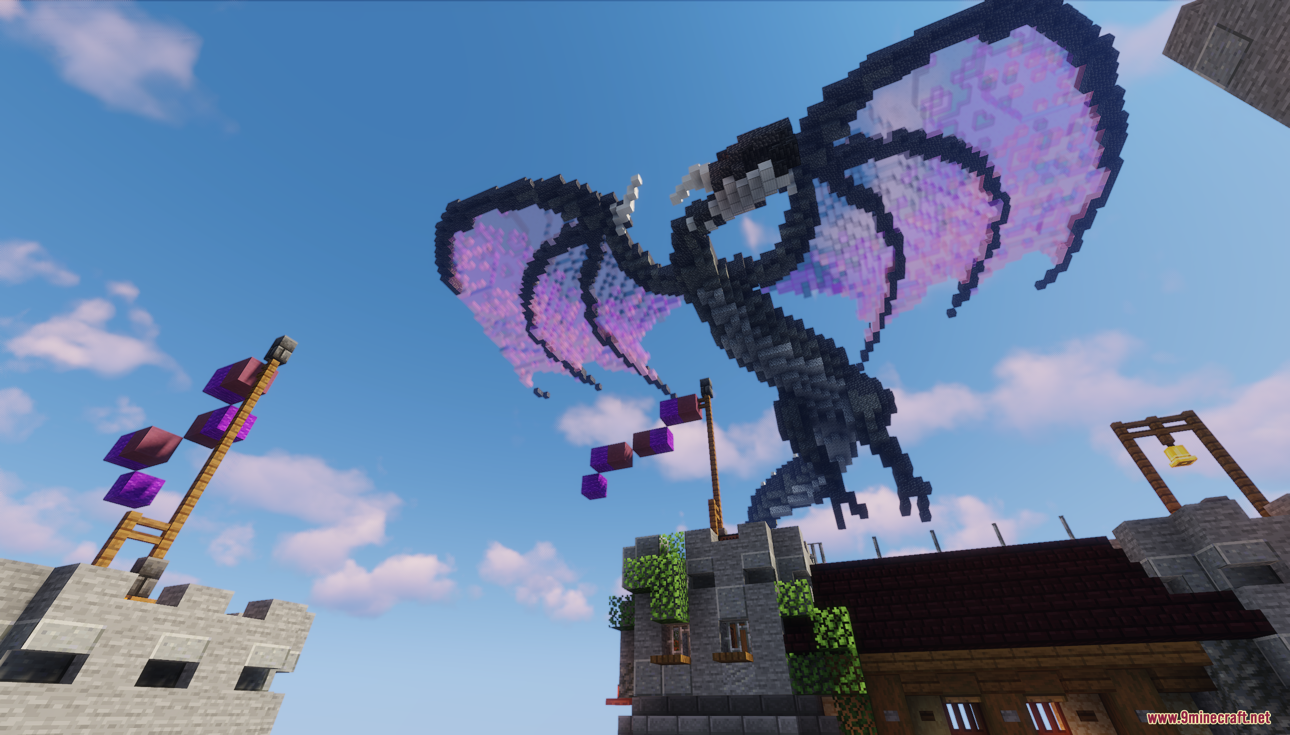 Lake Castle Map Screenshot 10 Massive black dragon build with purple wings flying over the castle walls