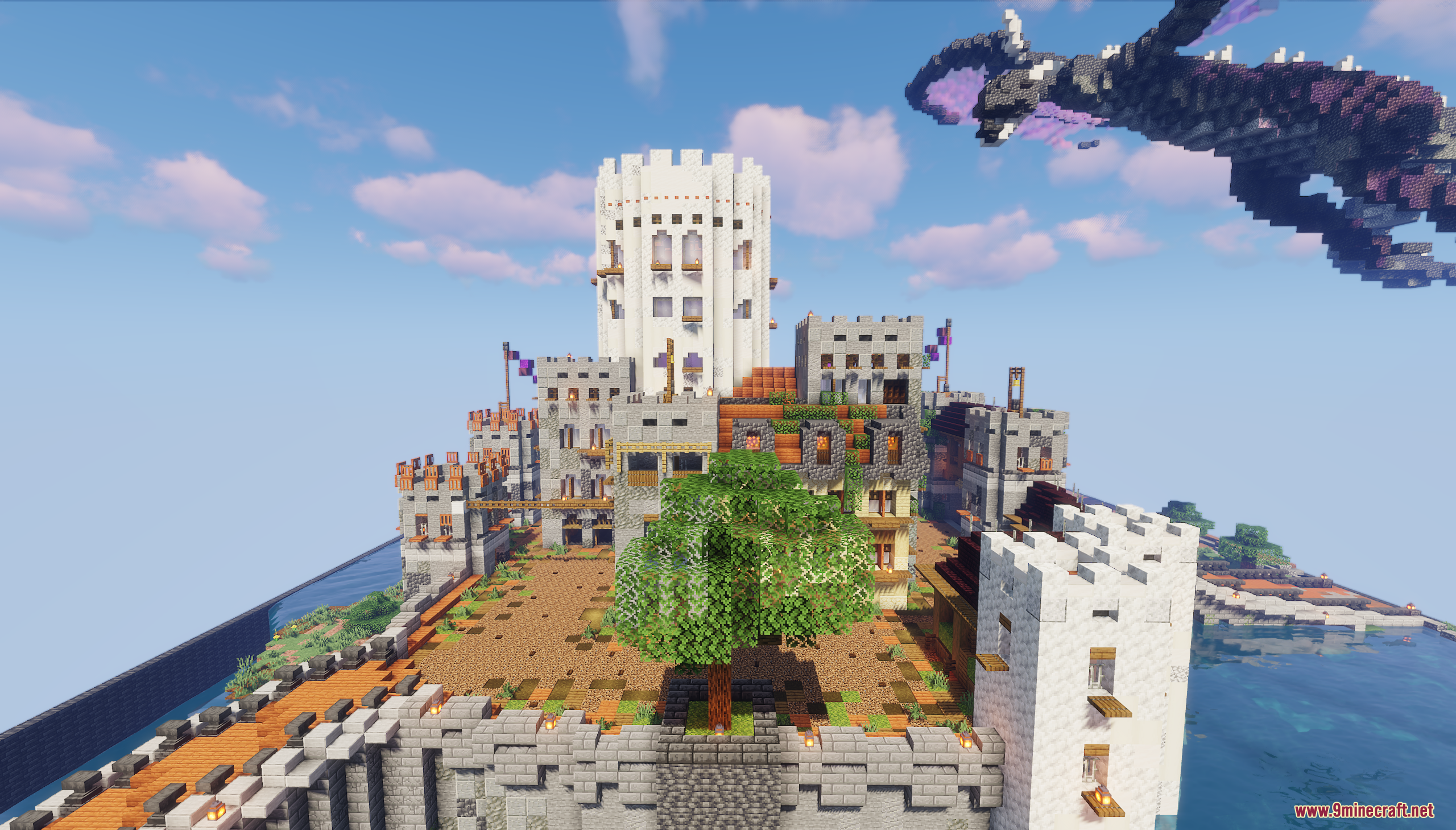 Lake Castle Map Screenshot 2 A large Minecraft castle with a dragon flying overhead