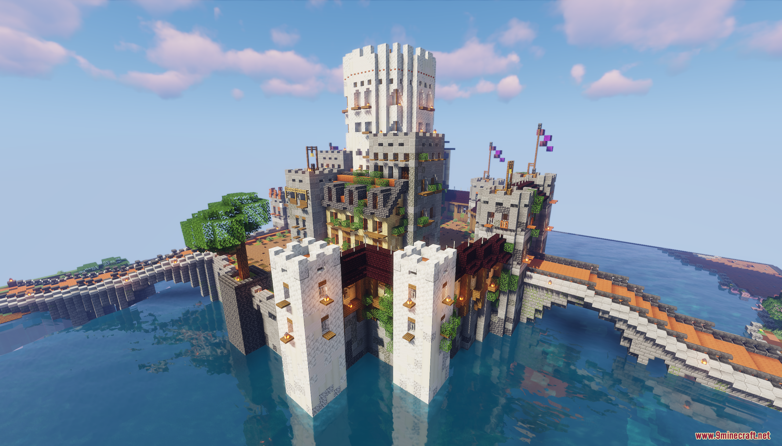 Lake Castle Map Screenshot 3 Large white and stone Minecraft castle built over water with connecting bridges
