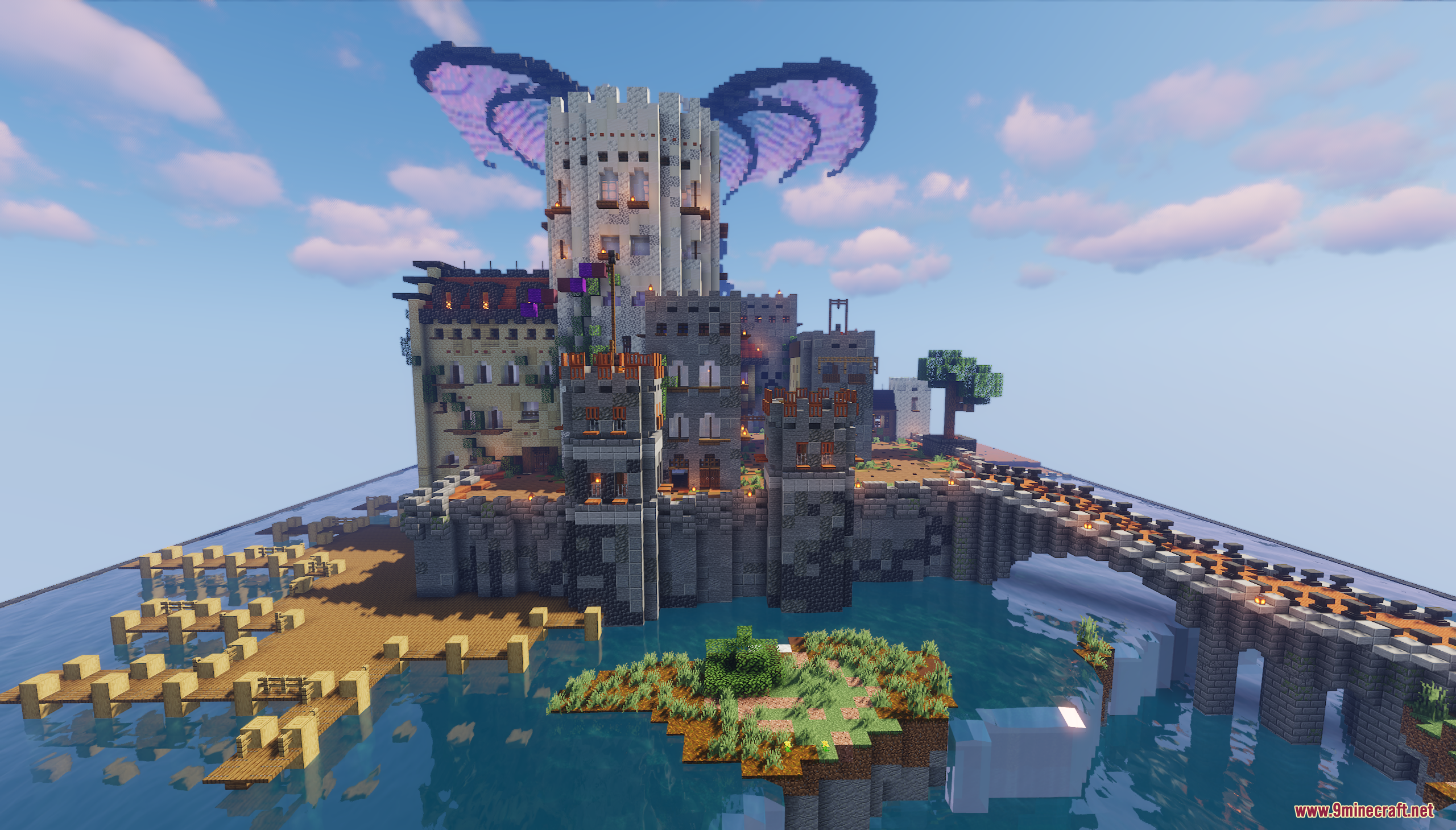 Lake Castle Map Screenshot 5 Large medieval castle built on water with a giant dragon statue behind it