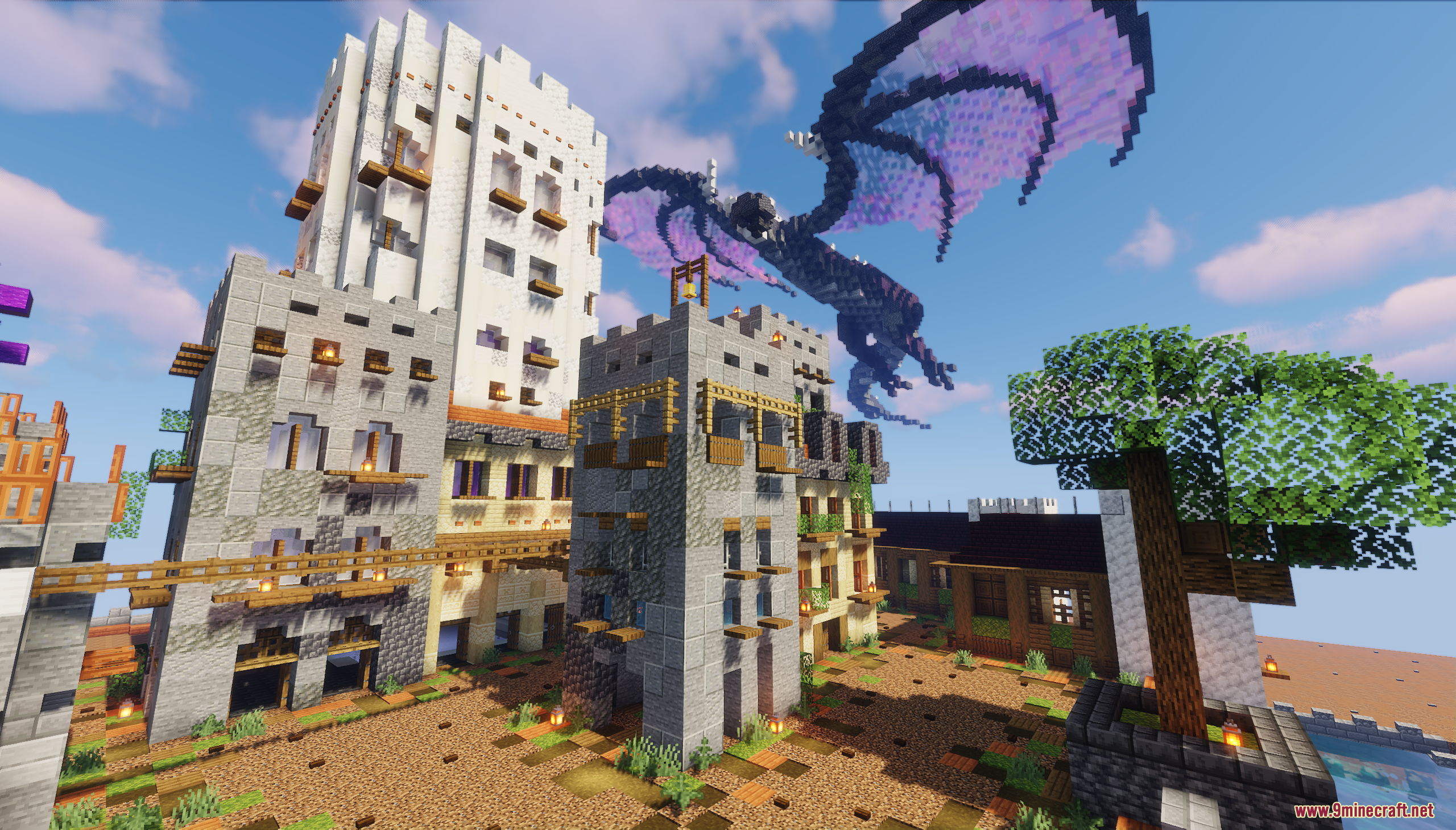 Lake Castle Map Screenshot 6 Detailed view of stone castle buildings and a massive dragon flying above them