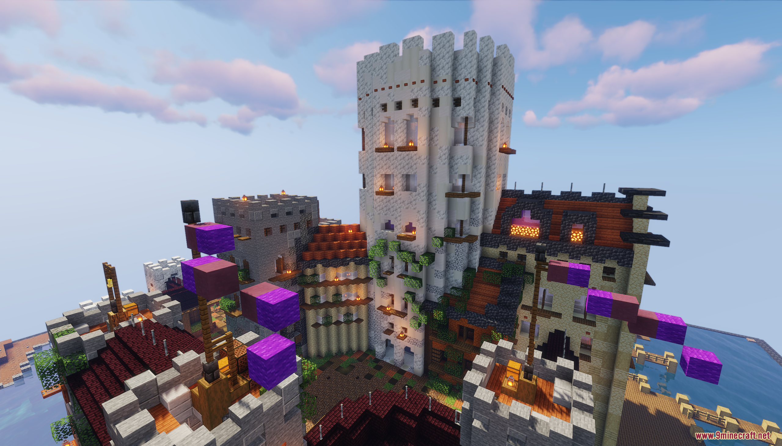 Lake Castle Map Screenshot 9 Large detailed Minecraft castle featuring a tall white tower and purple banners