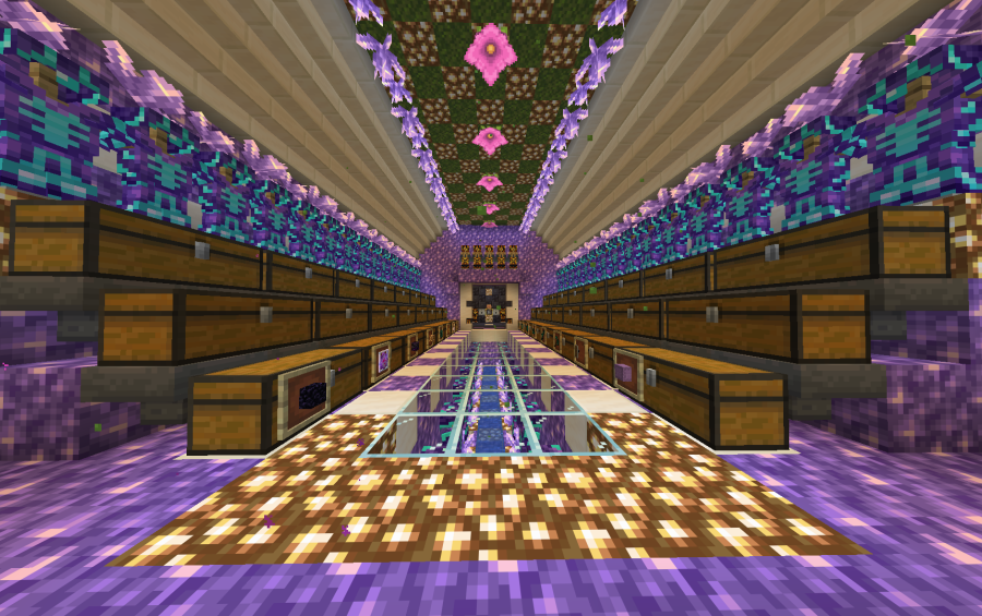 Large Amethyst Stash for Donut Smp Schematic Screenshots 1 A long storage hallway with many chests and purple amethyst block decorations